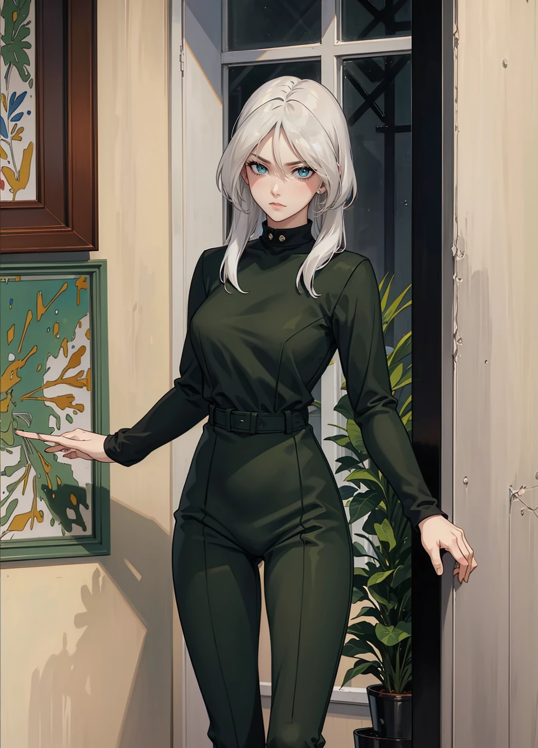 
((green eyes)). 1girl, solo, teenager, ((white hair)), ((green eyes)), pants, long sleeves, pointed ears. ((black clothes))