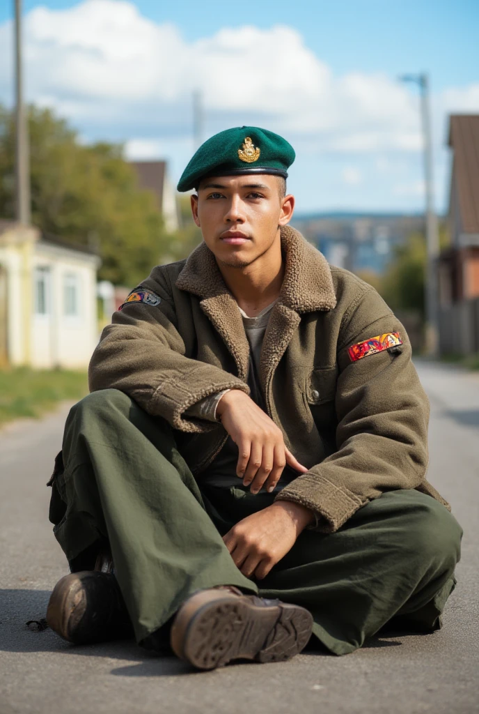 documentary photography of a fit young man as a ((demigod)) with ((shaved hair)) Draped in robes,  from casual bathrobes to formal ceremonial garments,  dressed in green army uniform,  combat boots,  beret,  residential area,  paved road,  clear sky,  daytime,  sitting on floor,  looking at camera,  one leg bent,  natural lighting,  soft focus,  eye-level shot,  at a museum,  matte skin,  pores,  wrinkles,  Double Complementary (Tetradic) color palette,  water,  detailed skin pores,  colors,  (from above:1.3),  shot on Olympus OM-D E-M1 Mark III with M.Zuiko 12-40mm f-2.8,  photo by Katia Chausheva 