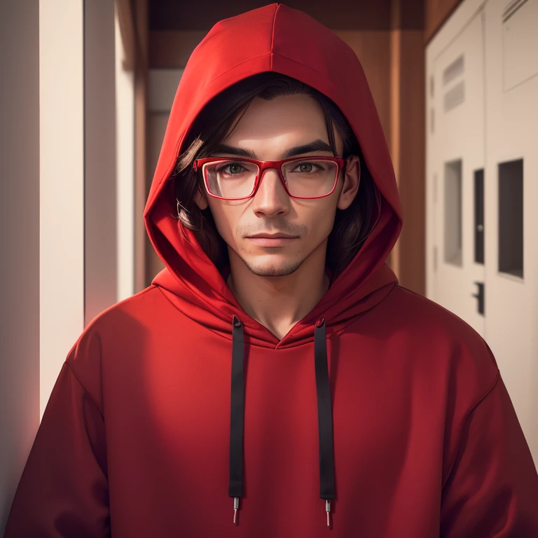 there is a man wearing a red sweatshirt and glasses,  I was wearing a scarlet hoodie , wearing a red sweatshirt, red sweatshirt, 8k selfie photography, wearing a hoodie,  1024px , portrait, selfie of a man,   image of very very low quality  , wearing a hood , autorportrait de difusión estable, avatar image