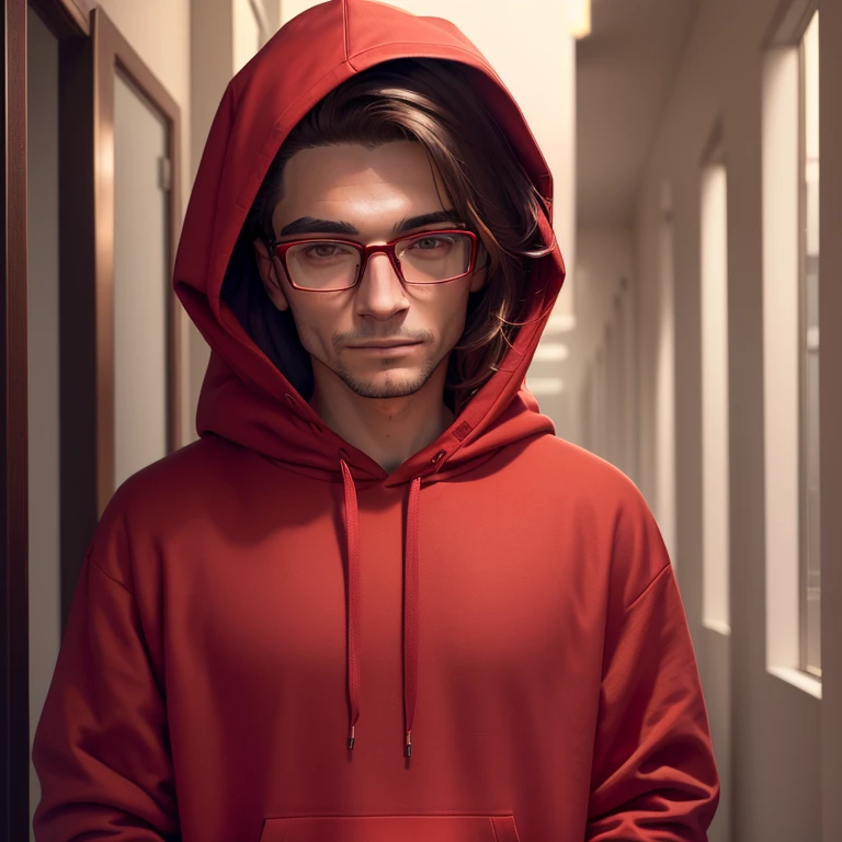 there is a man wearing a red sweatshirt and glasses,  I was wearing a scarlet hoodie , wearing a red sweatshirt, red sweatshirt, 8k selfie photography, wearing a hoodie,  1024px , portrait, selfie of a man,   image of very very low quality  , wearing a hood , autorportrait de difusión estable, avatar image