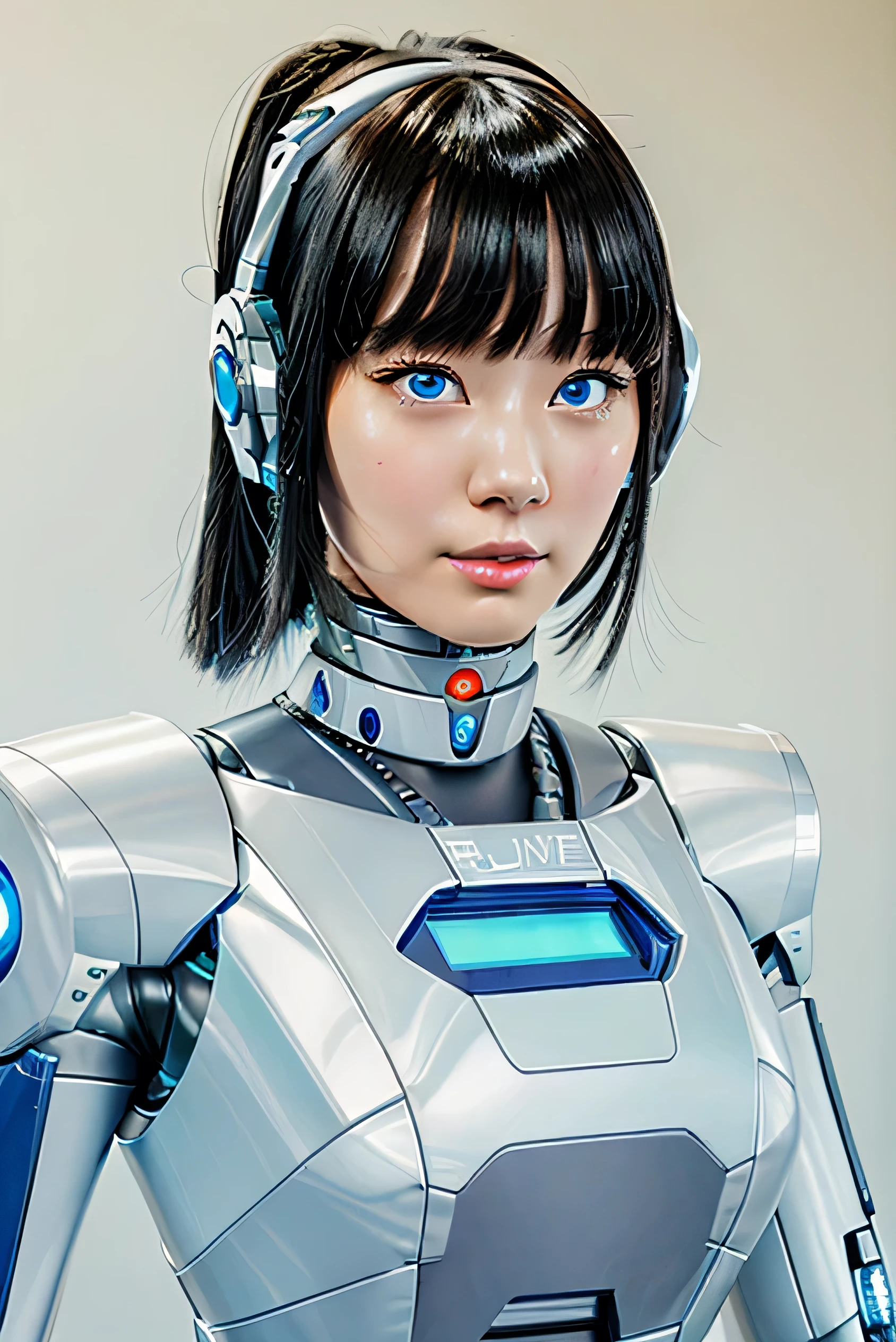 masterpiece, best quality, extremely detailed, Japaese android girl,Plump , control panels,android,Droid,Mechanical Hand, Robot arms and legs, Black Robot Parts,Black hair,Mechanical body,Blunt bangs,White robotics parts,perfect robot girl,future information counter,reception,long tube,thick cable connected her neck,ceramic body ,mechanical body,mechanical costume,android,robot,humanoid,cyborg,information office,japanese android receptionist ,mechanical chest,blue eyes,office-lady