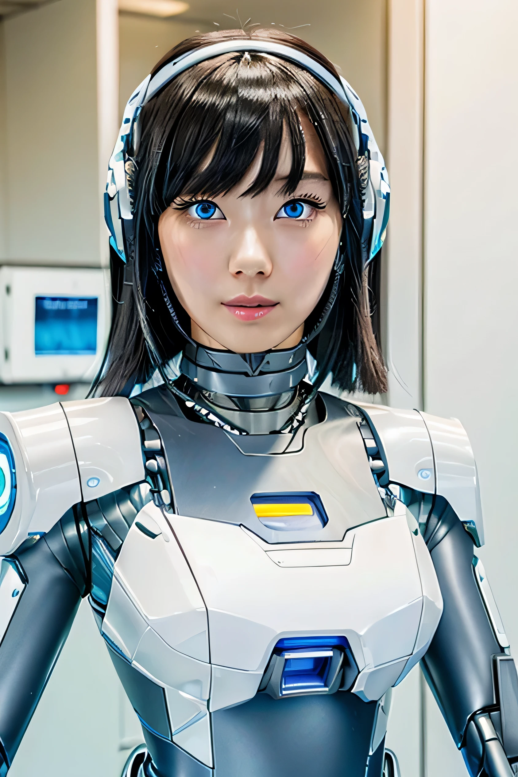 masterpiece, best quality, extremely detailed, Japaese android girl,Plump , control panels,android,Droid,Mechanical Hand, Robot arms and legs, Black Robot Parts,Black hair,Mechanical body,Blunt bangs,White robotics parts,perfect robot girl,future information counter,reception,long tube,thick cable connected her neck,ceramic body ,mechanical body,mechanical costume,android,robot,humanoid,cyborg,information office,japanese android receptionist ,mechanical chest,blue eyes,office-lady