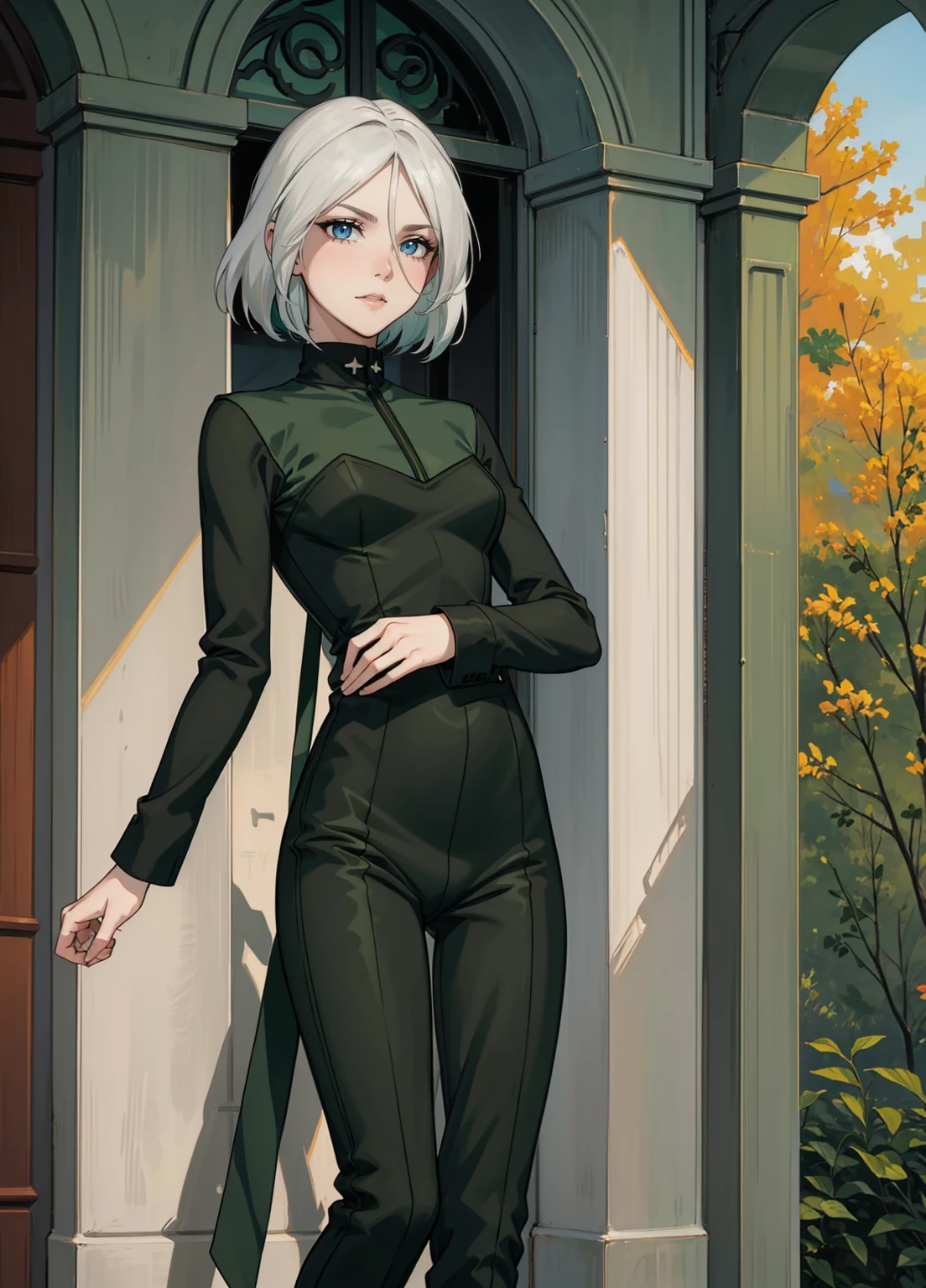 
((green eyes)). 1girl, solo, teenager, ((white hair)), ((green eyes)), pants, long sleeves, pointed ears. ((black clothes))