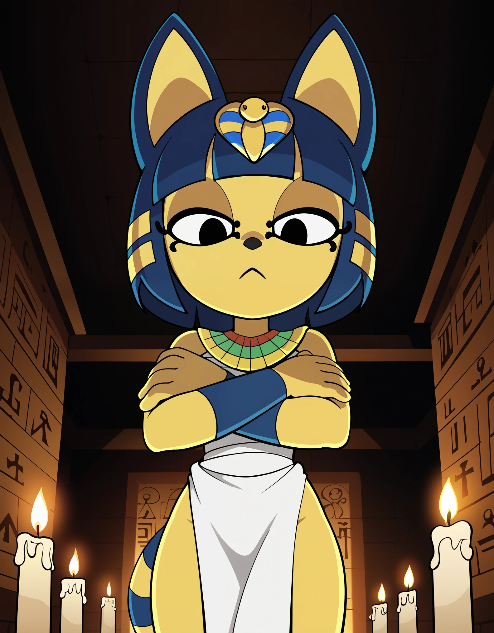 score_9, score_8_up, score_7_up, BREAK source_anime, anime screencap,, bust portrait, front view, low-angle view, looking down, female on top, solo, toony, ankha \(animal crossing\), crossed arms, egyptian clothing, standing, BREAK, flat colors, ankha zone, by Garry Winogrand, by Edward Rusch, detailed background, detailed foreground, depth of field, ambient silhouette, backlighting, inside, altar, room, foggy, candle light