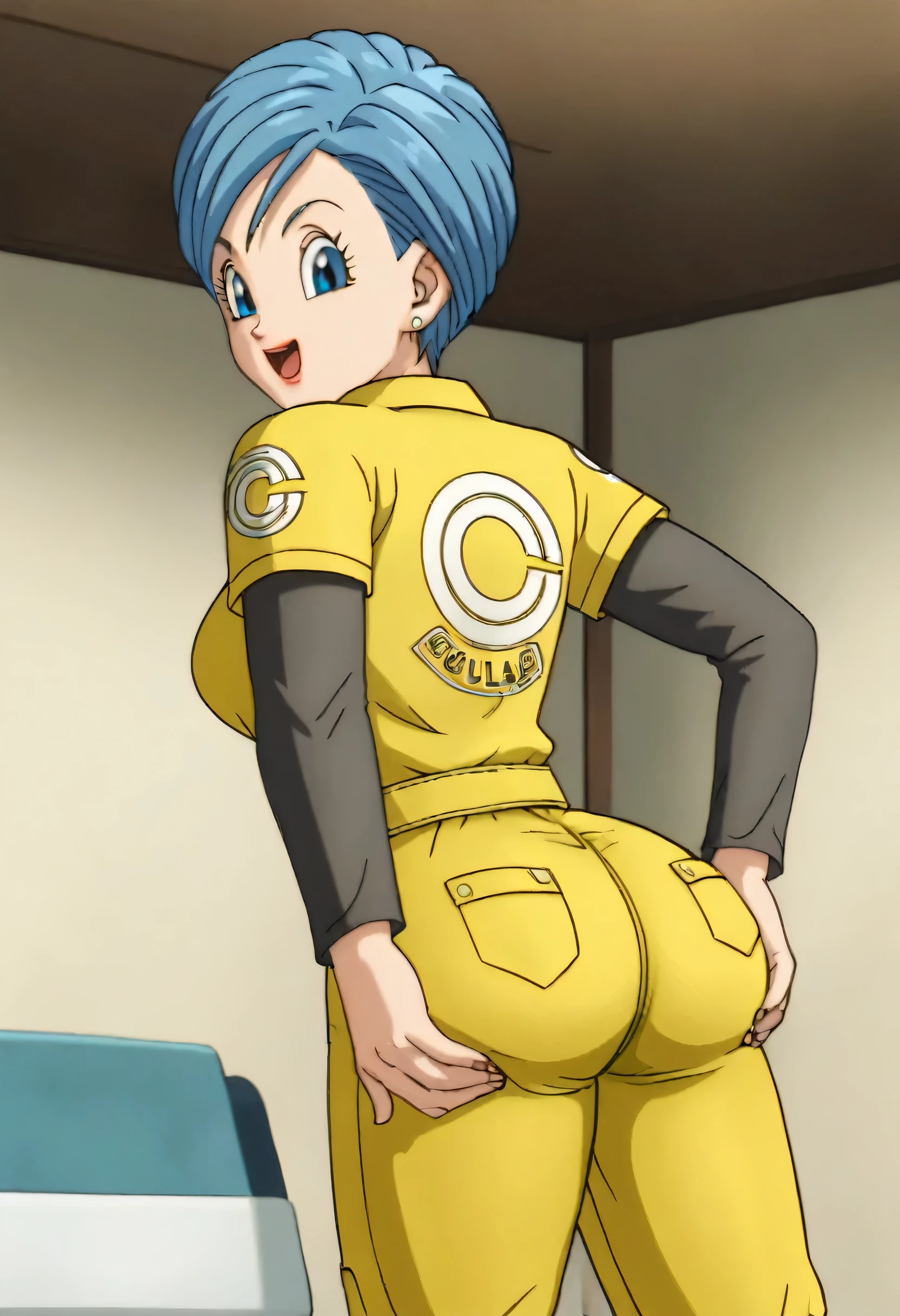 source_anime, score_9, score_8_up, score_7_up, anime screencap,8k, absurd res, 
bulma, 1girl, solo, breasts, smile, short hair, open mouth, blue eyes, jewelry, blue hair, earrings, cowboy shot, belt, hand on own ass, looking at ass, yellow jumpsuit, black undershirt, short over long sleeves, layered sleeves , big round ass  , bending over at viewer
 