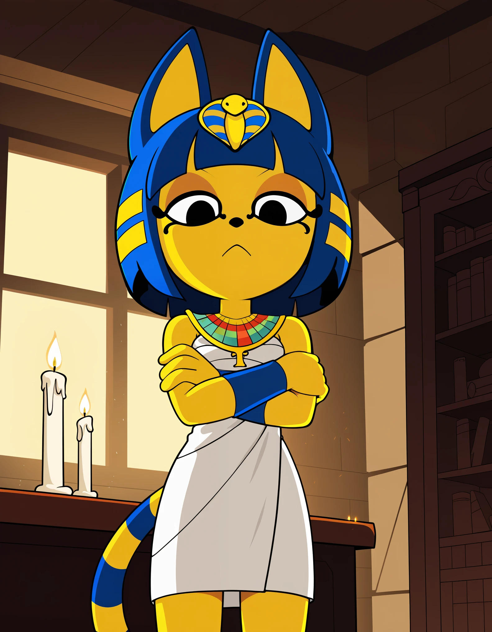 score_9, score_8_up, score_7_up, BREAK source_anime, anime screencap,, bust portrait, front view, low-angle view, looking down, female on top, solo, toony, ankha \(animal crossing\), crossed arms, egyptian clothing, standing, BREAK, flat colors, ankha zone, by Garry Winogrand, by Edward Rusch, detailed background, detailed foreground, depth of field, ambient silhouette, backlighting, inside, altar, room, foggy, candle light