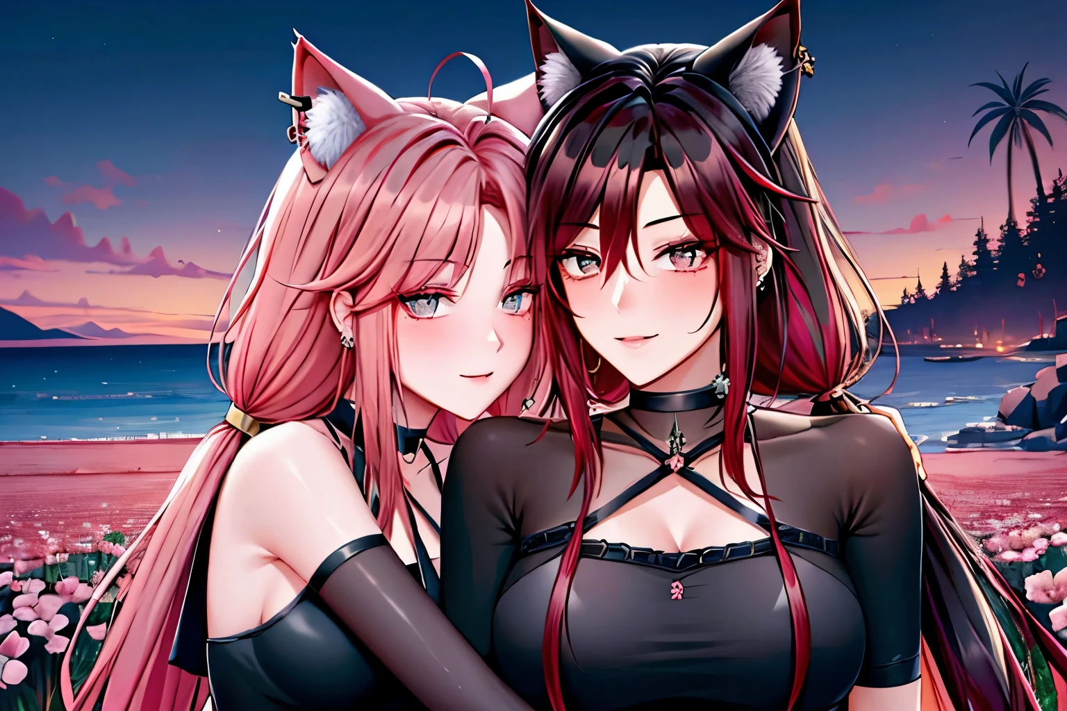 shoujo style, frosty style, (romantic manhwa), 2 girls, black cyclamen hair, solo, long braided hair, long braid, dress, red cyclamen eyes, mascara, makeup, elbow gloves, bra, jewelry, many ear piercings, viewer, clavicle, accessories, upper body, parted bangs, braided hair, side braid, black dress, bangs, outdoors, detailed eyes, dynamic cut, walking in a rose field at night, flowers, warm, summer environment, beach, evil smiles, hugging a pink haired fox, fox woman, 2 women, mother and daughter. fox ears, fox