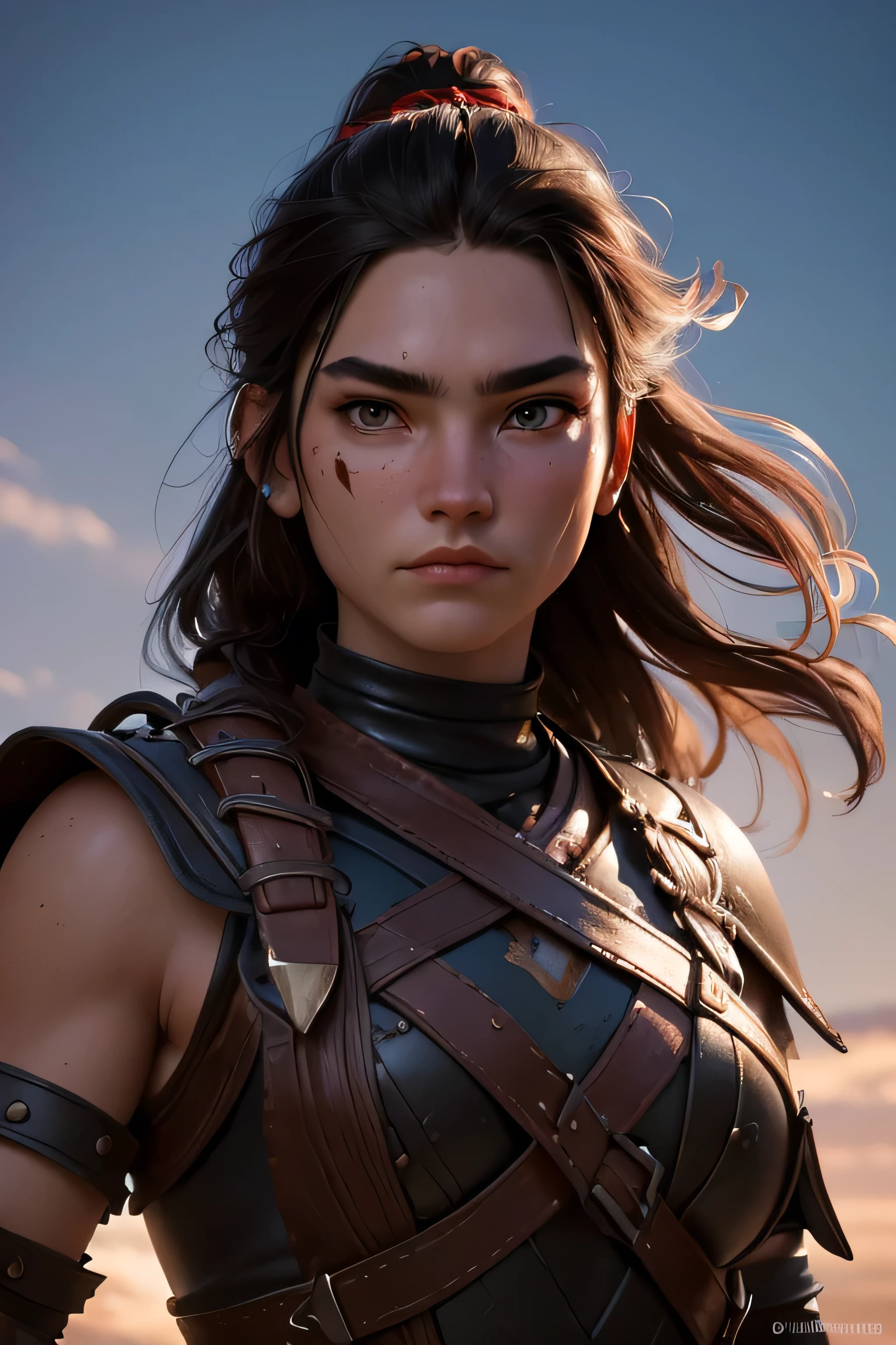 ( masterpiece , ultra high resolution:1.4), ( Photo of a Viking warrior with braided black hair.:1.3), (Tall stature and captivating brown eyes that emit a certain glow and light.:1.4), (Sony Alpha 1 camera, Renowned for capturing the highest level of detail in a photo:1.3), (paired with the Sony FE 85mm f/1.4 GM lens for stunning portraits:1.3), (The face of the Viking with perfect symmetry and impeccable features:1.2), (His face adorned with red war paint:1.3), (his intense brown eyes shining with determination:1.2), (His leather warrior attire, covered in red war paint and battle stains:1.3), (Sony Alpha 1 camera capturing the textures of the leather and paint with precision:1.2), (The strong arms and the slender body of the Viking.:1.3), (standing with a dominant presence in the middle of the battlefield:1.1), (A light mist in the air, with volcanic ash falling gently from the sky:1.1), (The artistically blurred background, emphasizing the Viking warrior as the focal point:1.1), (His expression shows pure concentration and unwavering determination.:1.3), (The camera captures the emotion and intensity in your eyes:1.3), (The photo captures a moment of raw strength and warrior spirit:1.1), (the ultra high resolution ensuring every detail, from the intricacies of her braided hair to the tiniest streak of war paint, is preserved:1.1), (A moment frozen in time, Showing the bravery and ferocity of a Viking warrior:1.1), cinematographic, Hyperdetailed, Crazy details, beautifully colored, Unreal Engine, dof, Super resolution, Megapixel, cinematographic lightning, Antialiasing, FKA, Thai, RTX, SSAO, Postprocessing , post-production, tone mapping, cgi, visual effects, sound effects, Incredibly detailed and intricate, hyper maximalist, Hyper realistic, volumetric, photorealistic, ultra photorealistic, Ultra detailed, intricate details , 8K, Super detailed, in full color,