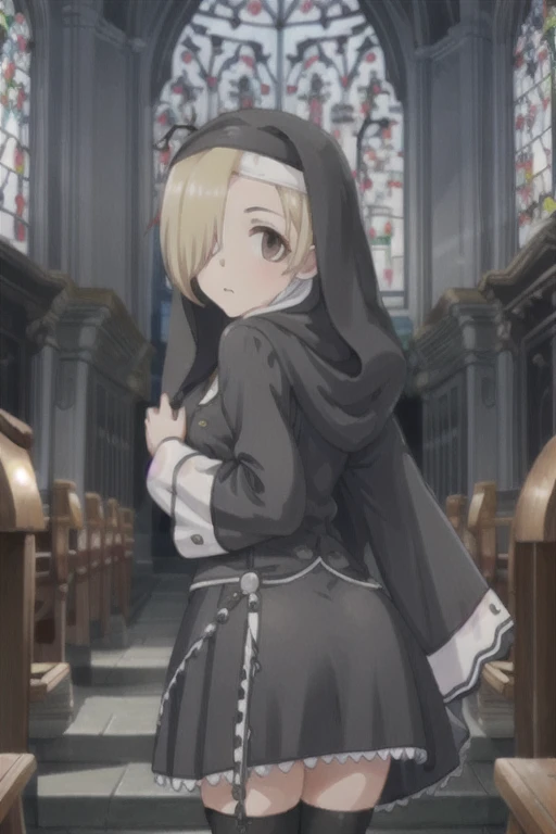 masterpiece,  best quality ,  close-up shot ,  view from below,  view from below,  1 girl, Black Nun's Hood , black nun costume,  Black Stockings,  Grab Your Own Butt ,
 Asia Argento ,   watching viewers , , :3,
 Underbutt, 
At church,, Blonde, hair over one eye, short hair,  Brown Eyes ,  flat chest,(Hiding one eye),Hidden right eye