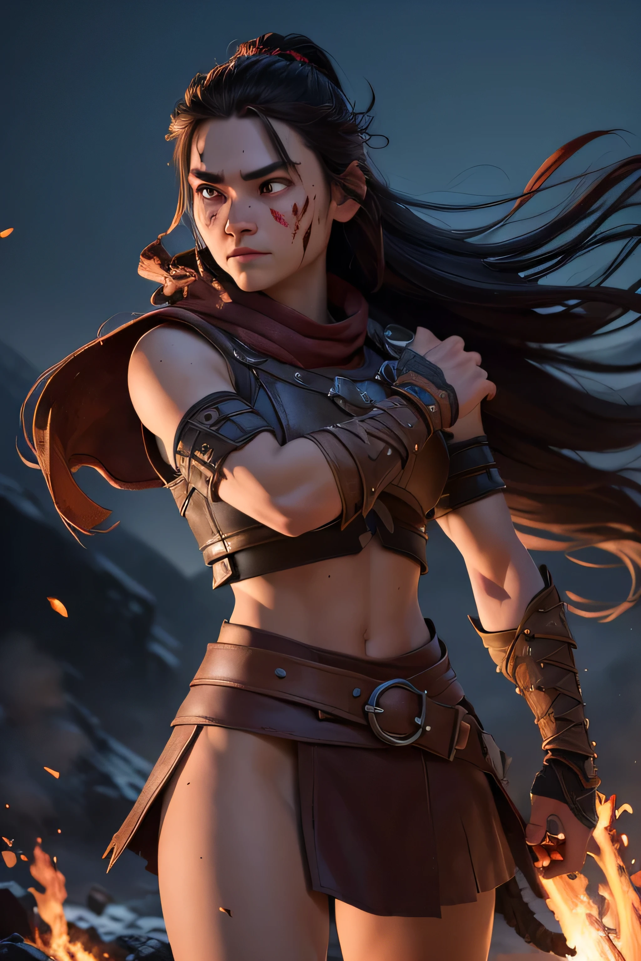 ( masterpiece , ultra high resolution:1.4), ( Photo of a Viking warrior with braided black hair.:1.3), (Tall stature and captivating brown eyes that emit a certain glow and light.:1.4), (Sony Alpha 1 camera, Renowned for capturing the highest level of detail in a photo:1.3), (paired with the Sony FE 85mm f/1.4 GM lens for stunning portraits:1.3), (The face of the Viking with perfect symmetry and impeccable features:1.2), (His face adorned with red war paint:1.3), (his intense brown eyes shining with determination:1.2), (His leather warrior attire, covered in red war paint and battle stains:1.3), (Sony Alpha 1 camera capturing the textures of the leather and paint with precision:1.2), (The strong arms and the slender body of the Viking.:1.3), (standing with a dominant presence in the middle of the battlefield:1.1), (A light mist in the air, with volcanic ash falling gently from the sky:1.1), (The artistically blurred background, emphasizing the Viking warrior as the focal point:1.1), (His expression shows pure concentration and unwavering determination.:1.3), (The camera captures the emotion and intensity in your eyes:1.3), (The photo captures a moment of raw strength and warrior spirit:1.1), (the ultra high resolution ensuring every detail, from the intricacies of her braided hair to the tiniest streak of war paint, is preserved:1.1), (A moment frozen in time, Showing the bravery and ferocity of a Viking warrior:1.1), cinematographic, Hyperdetailed, Crazy details, beautifully colored, Unreal Engine, dof, Super resolution, Megapixel, cinematographic lightning, Antialiasing, FKA, Thai, RTX, SSAO, Postprocessing , post-production, tone mapping, cgi, visual effects, sound effects, Incredibly detailed and intricate, hyper maximalist, Hyper realistic, volumetric, photorealistic, ultra photorealistic, Ultra detailed, intricate details , 8K, Super detailed, in full color,