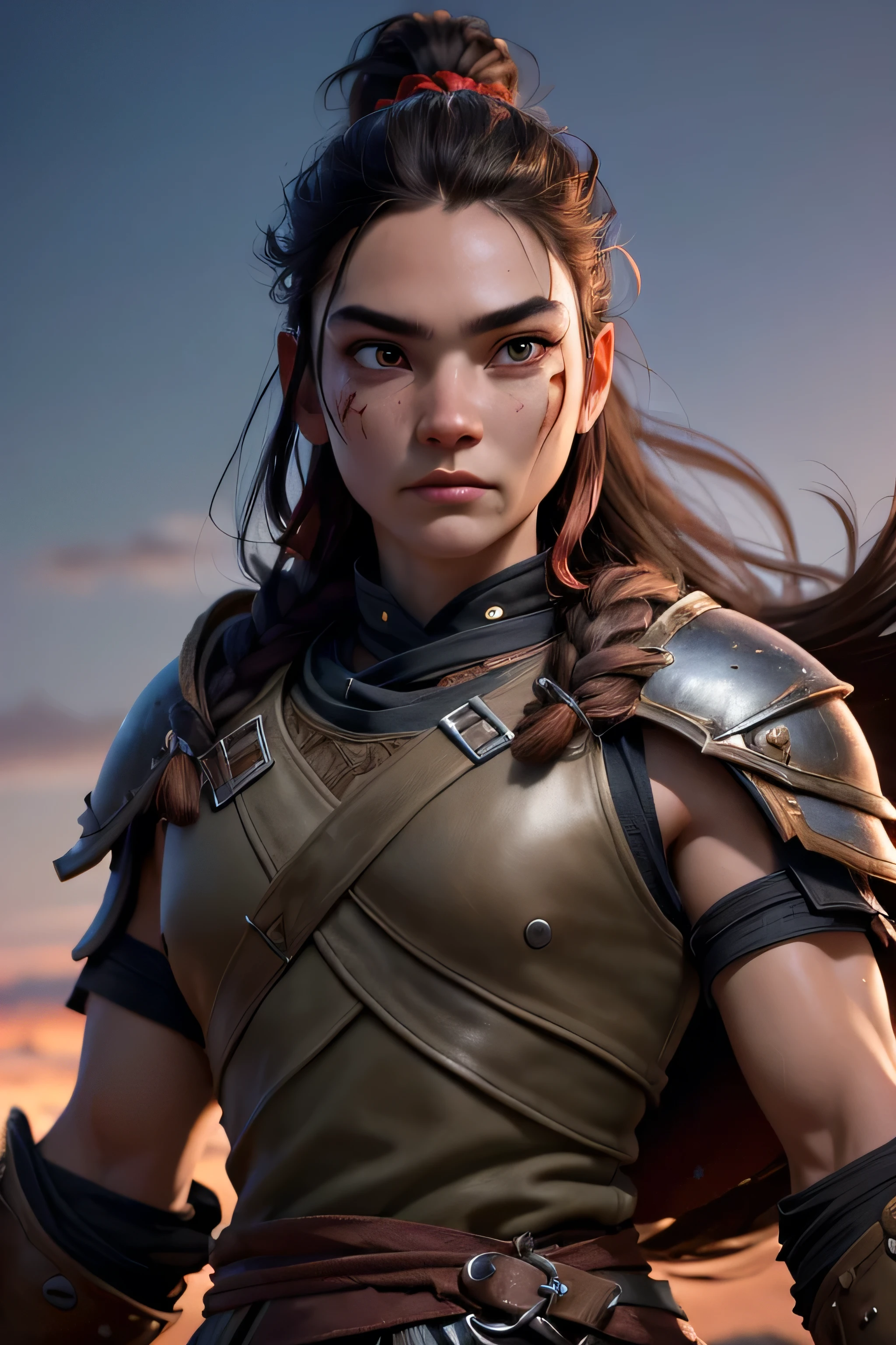 ( masterpiece , ultra high resolution:1.4), ( Photo of a Viking warrior with braided black hair.:1.3), (Tall stature and captivating brown eyes that emit a certain glow and light.:1.4), (Sony Alpha 1 camera, Renowned for capturing the highest level of detail in a photo:1.3), (paired with the Sony FE 85mm f/1.4 GM lens for stunning portraits:1.3), (The face of the Viking with perfect symmetry and impeccable features:1.2), (His face adorned with red war paint:1.3), (his intense brown eyes shining with determination:1.2), (His leather warrior attire, covered in red war paint and battle stains:1.3), (Sony Alpha 1 camera capturing the textures of the leather and paint with precision:1.2), (The strong arms and the slender body of the Viking.:1.3), (standing with a dominant presence in the middle of the battlefield:1.1), (A light mist in the air, with volcanic ash falling gently from the sky:1.1), (The artistically blurred background, emphasizing the Viking warrior as the focal point:1.1), (His expression shows pure concentration and unwavering determination.:1.3), (The camera captures the emotion and intensity in your eyes:1.3), (The photo captures a moment of raw strength and warrior spirit:1.1), (the ultra high resolution ensuring every detail, from the intricacies of her braided hair to the tiniest streak of war paint, is preserved:1.1), (A moment frozen in time, Showing the bravery and ferocity of a Viking warrior:1.1), cinematographic, Hyperdetailed, Crazy details, beautifully colored, Unreal Engine, dof, Super resolution, Megapixel, cinematographic lightning, Antialiasing, FKA, Thai, RTX, SSAO, Postprocessing , post-production, tone mapping, cgi, visual effects, sound effects, Incredibly detailed and intricate, hyper maximalist, Hyper realistic, volumetric, photorealistic, ultra photorealistic, Ultra detailed, intricate details , 8K, Super detailed, in full color,