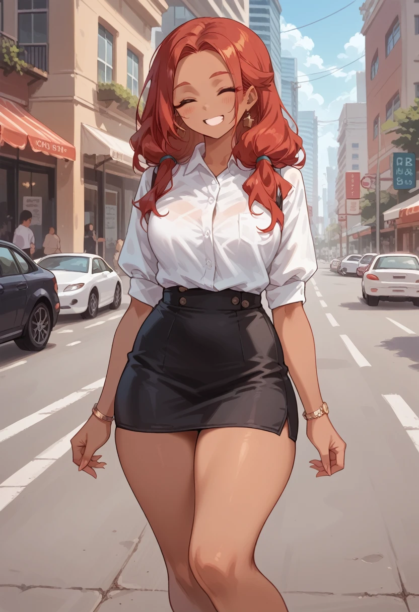  of a red-haired woman ,  tanned skin ,  long straight hair,   white shirt with a wide open shoulder  , short black pencil skirt   ,thick thighs,Knees, smile,   eyes half closed, pose sexy,    posing on a sunny day on the street   , Characterize the photo of asphalt   , After, buildings, 