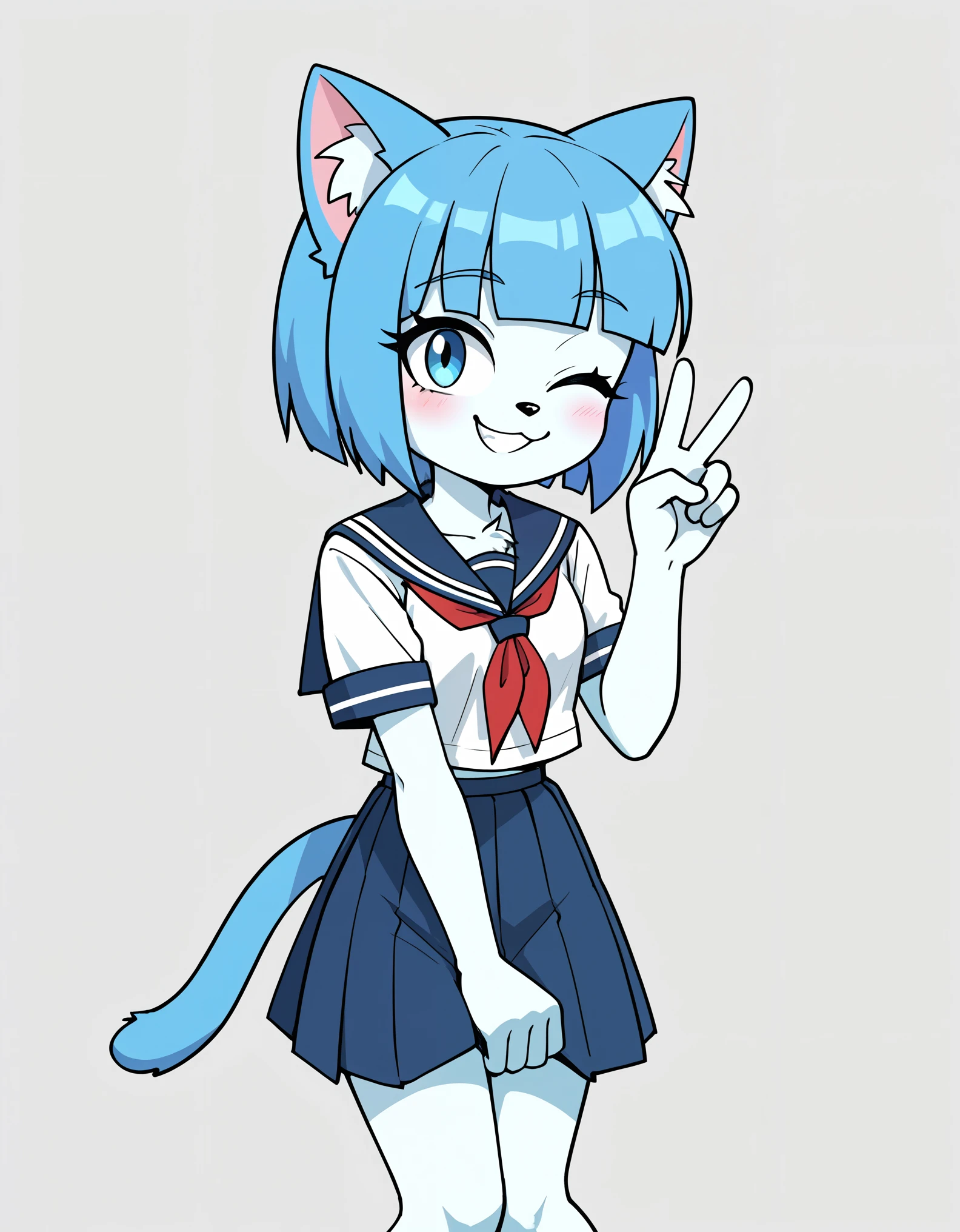 score_9, score_8_up, score_7_up, BREAK source_anime, anime screencap,, cute furry blue cat girl, blue hair, white fur, two tone fur, blunt bangs, short hair, light blue eyes, chest tuft, small breasts, wide chest, school uniform, school uniform skirt, smile, wink, v sign, knees up body, simple background,