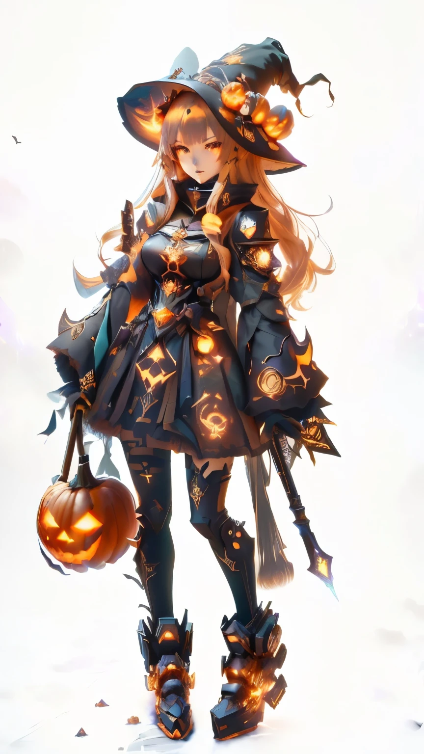 a woman in a witch costume holding a pumpkin and a broom, from arknights, ayaka genshin impact, mechanized witch girl, lunar themed attire, from the azur lane videogame, ayaka game genshin impact, in a halloween style, genshin impact character, azur lane style, ( ( character concept art ) ), 🍂 cute