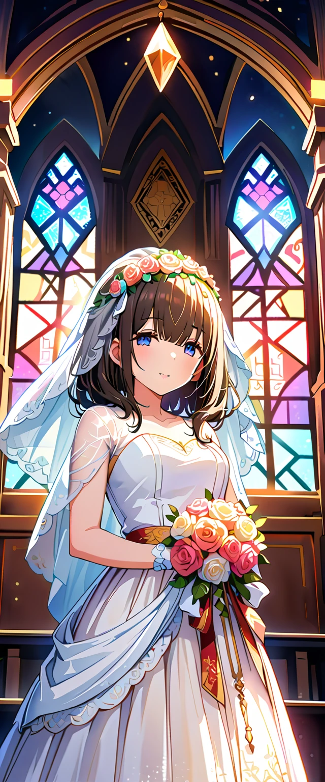 (Best Quality, 4K, 8k,  high detail,  High Contrast ,  Kampala, masterpiece:1.2),  very detailed , bride,  Wedding Dress,   beautiful fine details ,  Beautiful Lip Details ,  very detailed な目と顔,  long eyelashes, a calm look,  frontal upshot:1.2,  soft lighting , Religious atmosphere, White Dress, White lace decoration,  Lace and Gather ,  Holy White Veil ,  Sheer Dress , 美しい Wedding Dress, Sacred Sun, Sacred Space,  Soft Sunlight Shining Through Stained Glass, Angelic Being, A solemn ceremony, Faith and dedication, Church Tranquility .