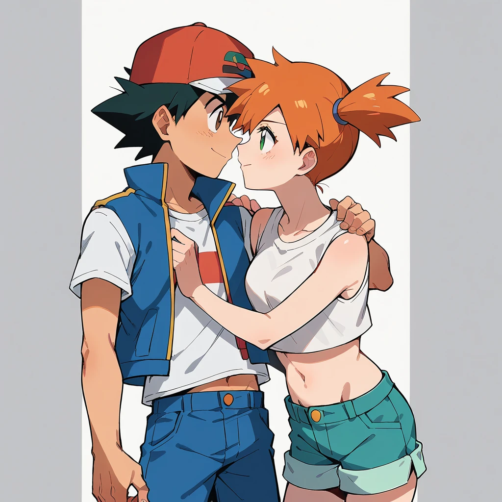 1boy, ash ketchum, black hair, brown eyes, hat, baseball cap, shirt, white shirt, t-shirt, jacket, sleeveless jacket, shorts, blue shorts 1girl, misty pokemon, orange hair, side ponytail, green eyes, white crop top, belly button, blue jeans shorts photograph of a couple, they're looking at each other, they're hugging 