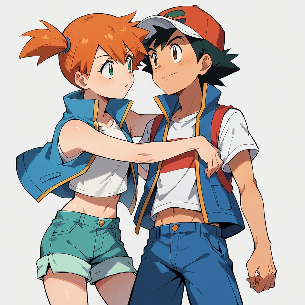 1boy, ash ketchum, black hair, brown eyes, hat, baseball cap, shirt, white shirt, t-shirt, jacket, sleeveless jacket, shorts, blue shorts 1girl, misty pokemon, orange hair, side ponytail, green eyes, white crop top, belly button, blue jeans shorts photograph of a couple, they're looking at each other, they're hugging 