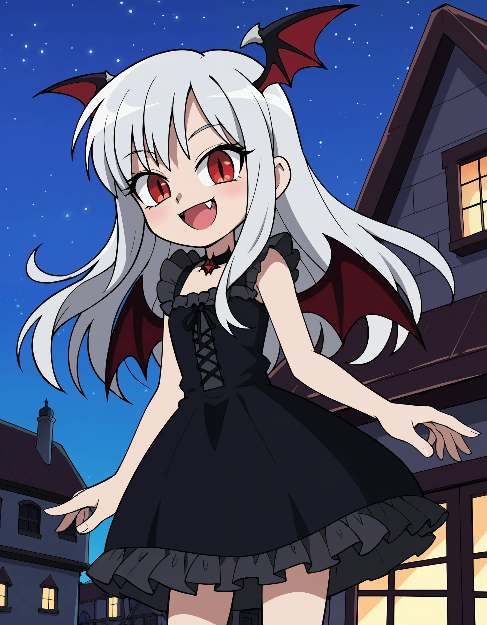 score_9, score_8_up, score_7_up, BREAK source_anime, anime screencap,, a young vampire girl, corruption, silver hair, long hair, red eyes, evil smile, black gothic dress, frilled skirt, bat wings, fang, fantasy, nightmare fantasy town, starry sky, best quality,