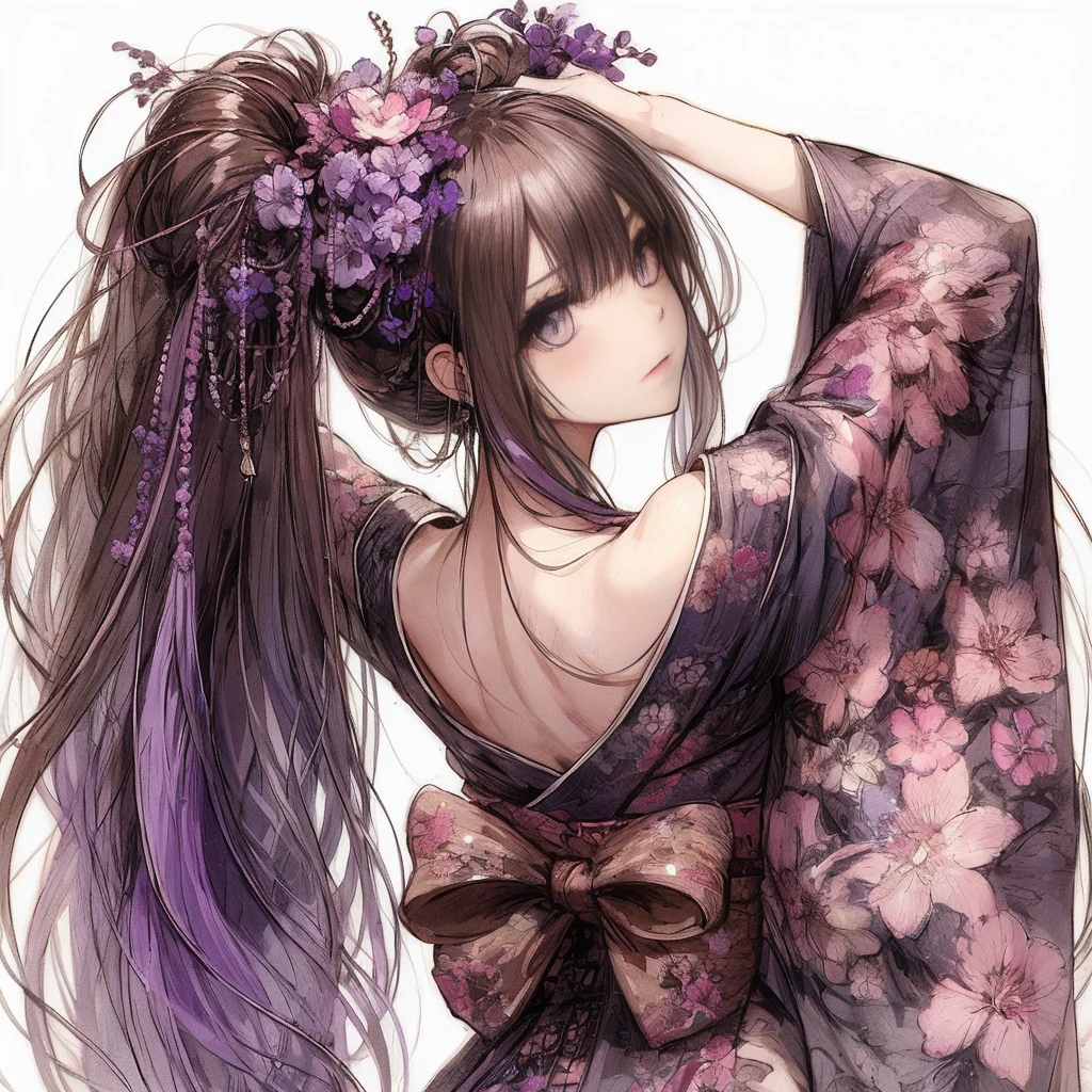 anime girl with long hair and purple flowers in her hair, beautiful anime girl, beautiful anime woman, beautiful anime artwork, beautiful anime style, beautiful alluring anime woman, beautiful anime art, beautiful anime, anime girl with long hair, beautiful anime portrait, cute anime waifu in a nice dress, beautiful fantasy anime, pretty anime girl, (anime girl), ”beautiful anime woman, detailed drawn beautiful eyes, beauty back