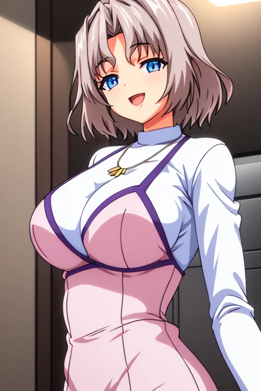  beautiful detailed eyes ,  beautiful and detailed lips ,  extremely detailed eyes and face, body from the waist up,  long eyelashes , 1 girl, anime girl, adult woman, beautiful woman, tender,  short hair , Shiny hair,  silver hair,  brown hair , parted bangs,  Big breasts, blue eyes, thin eyebrows, smile, happy, Open mouth slim body, light skin,  shiny skin, standing, dancing for happiness , shiny bikini,  white long sleeve t-shirt, Pink apron, necklace on the neck, Background of a kitchen ((Better quality, 4k, 8K,  High resolution ,  masterpiece , 2d anime style,  Ultra detailed,  bright colors )) (((Style 2d))) necessary,  anatomically correct, HD model,  Textured skin , UHD, 