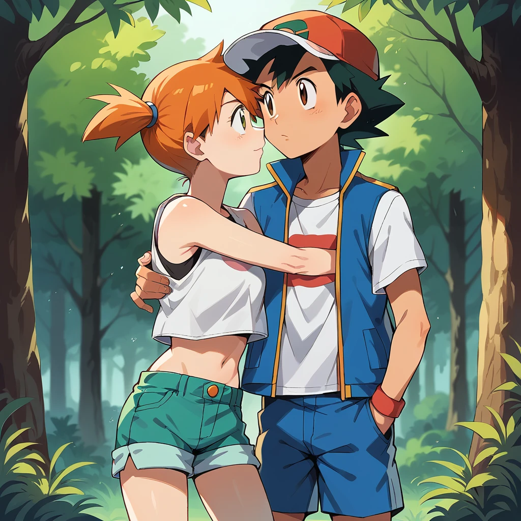 1boy, ash ketchum, black hair, brown eyes, hat, baseball cap, shirt, white shirt, t-shirt, jacket, sleeveless jacket, shorts, blue shorts 1girl, misty pokemon, orange hair, side ponytail, green eyes, white crop top, belly button, blue jeans shorts photograph of a couple, in a forest, they're looking at each other, they're hugging