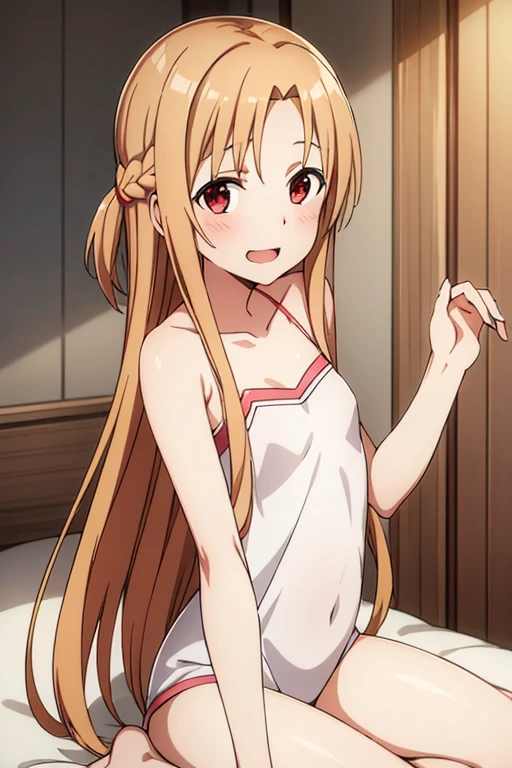 ((Best Quality)), ((masterpiece)), (be familiar with),  perfect face, indoor, bedroom,  is watching viewers,
One woman, Yuuki Asuna,
 open mouth , Ecstatic expression, blush, smile,
Small breasts,  flat chest, , , child, Girl,
Long Hair,  long hair,
Leg spread,