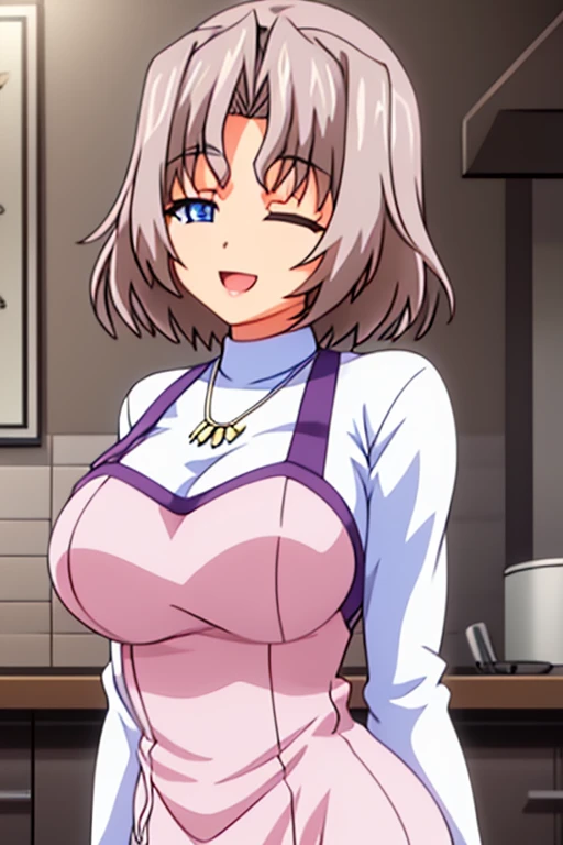  beautiful detailed eyes ,  beautiful and detailed lips ,  extremely detailed eyes and face, body from the waist up,  long eyelashes , 1 girl, anime girl, adult woman, beautiful woman, tender,  short hair , Shiny hair,  silver hair,  brown hair , parted bangs,  Big breasts, blue eyes, one eye closed, thin eyebrows, smile, happy, Open mouth slim body, light skin,  shiny skin, standing,  white long sleeve t-shirt, Pink apron, necklace on the neck, Background of a kitchen ((Better quality, 4k, 8K,  High resolution ,  masterpiece , 2d anime style,  Ultra detailed,  bright colors )) (((Style 2d))) necessary,  anatomically correct, HD model,  Textured skin , UHD, 