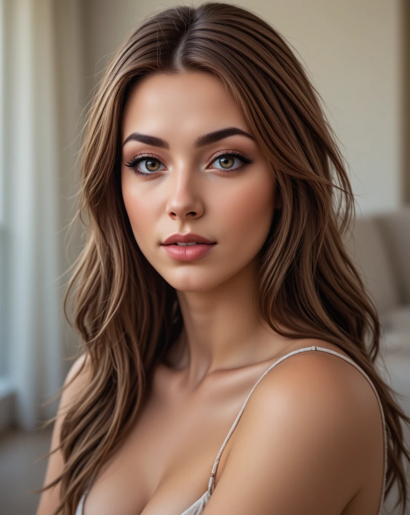 Portrait Gaia, is a beautiful young woman of 22 years with long brown hair slightly wavy, hazel eyes, splendid bright lips, wonderful features of the face enhanced by an elegant makeup, eyeliner and mascara. She has a long, slim body, natural medium breasts, narrow hips and long skinny legs.