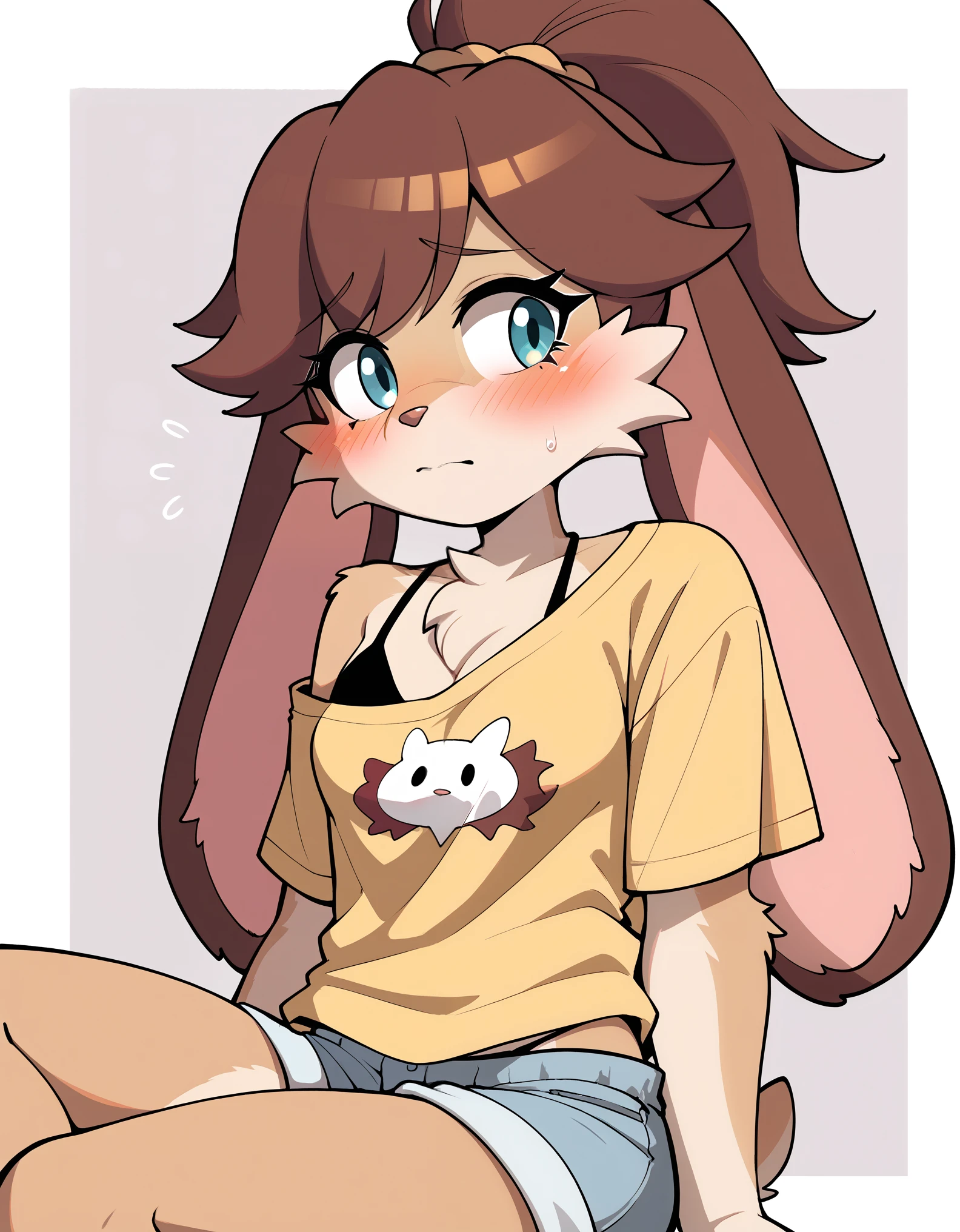 score_9, score_8_up, score_7_up, Akami Mira, highres, 1girl, lop \(star wars visions\), furry, shy, meek, yellow oversized shirt, black bikini strap, shorts, small breasts, blushing,