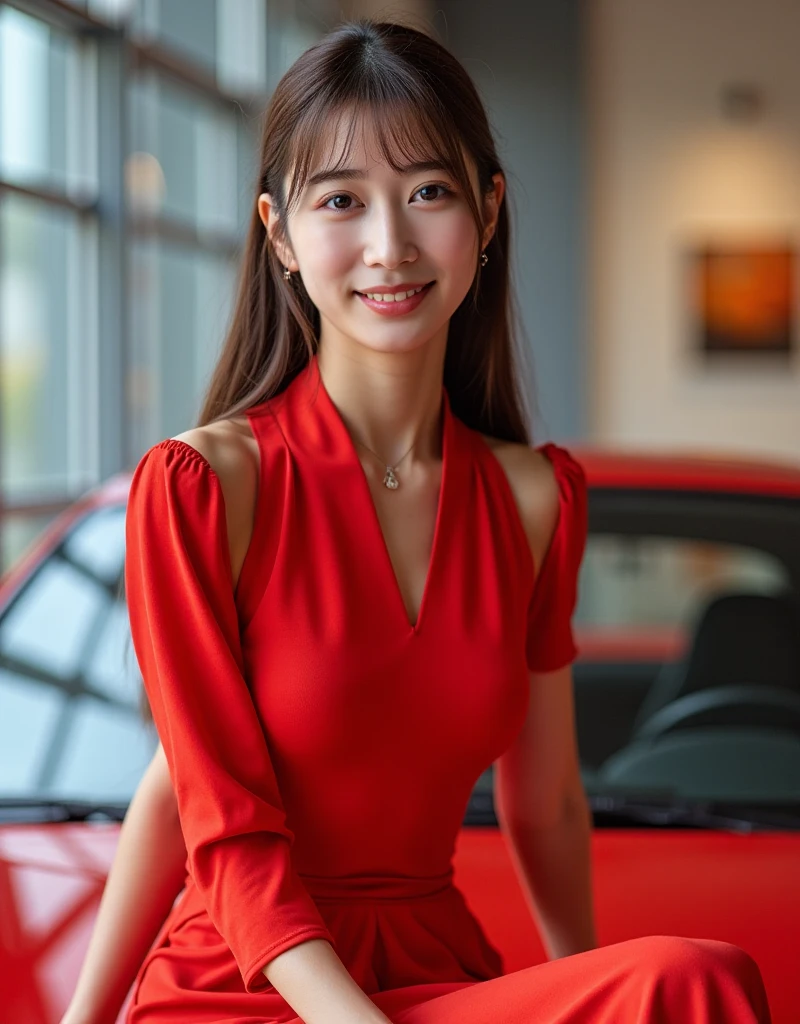 1 girl, (Wear a bright red dress:1.2), Very beautiful Japanese idol portraits, 
(RAW Photos, highest quality), (Realistic, Realistic:1.4), (masterpiece), 
Very delicate and beautiful, Very detailed, 2k wallpaper, wonderful, finely, Very detailed CG Unity 8K wallpaper, Very detailed, High resolution, Soft Light, 
Beautiful detailed girl, Very detailed目と顔, Beautiful and sophisticated nose, Beautiful and beautiful eyes, Cinema Lighting, 
(Fashion magazine photography:1.3), (indoor), (motor Show:1.3), Accurate depiction of the car,
(Medium Hair), (whole body), (Sit on the hood of a car:1.2), (Sitting cross-legged:1.2),
Complete Anatomy, Slender body, Small breasts, smile, Happy, (teeth)