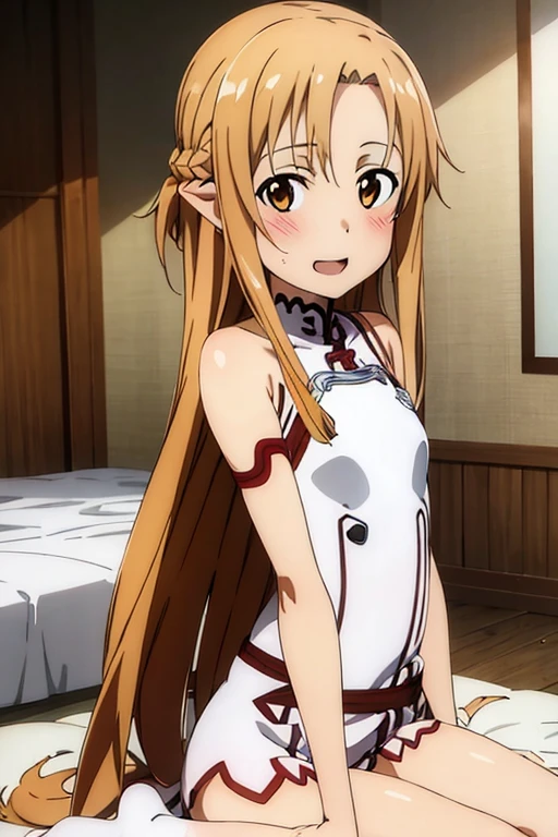 ((Best Quality)), ((masterpiece)), (be familiar with),  perfect face, indoor, bedroom,  is watching viewers,
One woman, Yuuki Asuna,
 open mouth , Ecstatic expression, blush, smile,
Small breasts,  flat chest, , , child, Girl,
Long Hair,  long hair,
Leg spread,