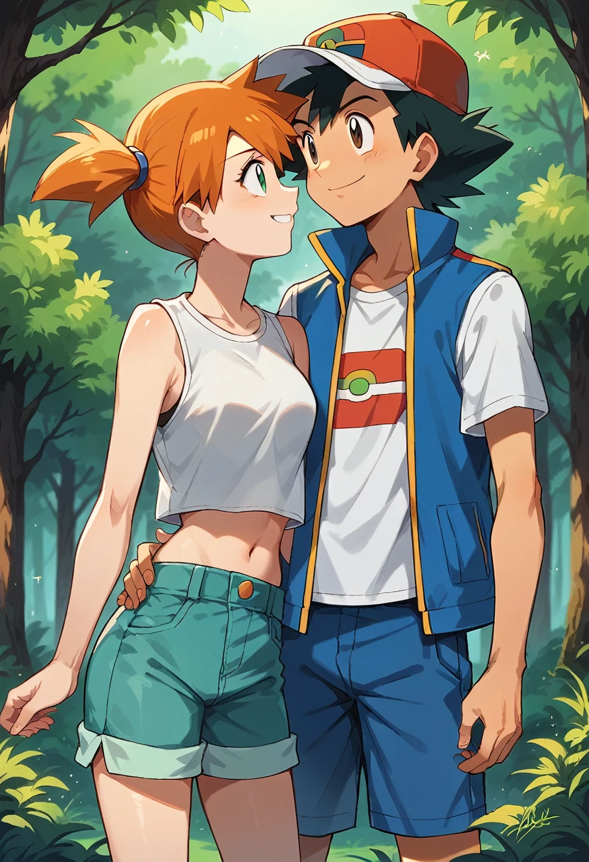 1boy, ash ketchum, black hair, brown eyes, hat, baseball cap, shirt, white shirt, t-shirt, jacket, sleeveless jacket, shorts, blue shorts 1girl, misty pokemon, orange hair, side ponytail, green eyes, white crop top, belly button, blue jeans shorts photograph of a couple, in a forest, they're looking at each other, they're hugging, they're smiling at each other