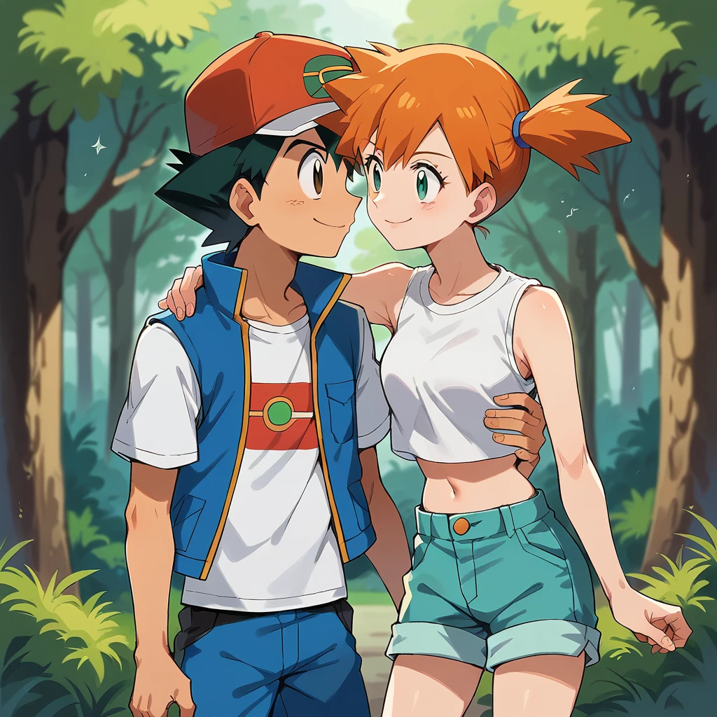 1boy, ash ketchum, black hair, brown eyes, hat, baseball cap, shirt, white shirt, t-shirt, jacket, sleeveless jacket, shorts, blue shorts 1girl, misty pokemon, orange hair, side ponytail, green eyes, white crop top, belly button, blue jeans shorts photograph of a couple, in a forest, they're looking at each other, they're hugging, they're smiling at each other