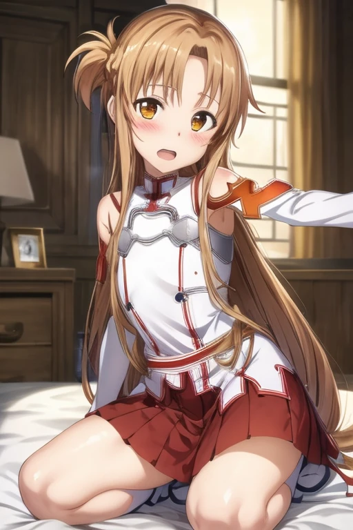 ((Best Quality)), ((masterpiece)), (be familiar with),  perfect face, indoor, bedroom,  is watching viewers,
One woman, Yuuki Asuna,
 open mouth , Ecstatic expression, blush, smile,
Small breasts,  flat chest, , , , Girl,
Long Hair,  long hair,
Leg spread,