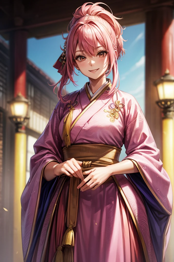 One Woman,  pink hair, もみあげ, Hanfu, smile,  Tight Waist, cinematic lighting, cowboy shot, close-up, UHD, retina, masterpiece, accurate, anatomically correct, textured skin, super detail, high details, high quality, award winning, best quality, highres