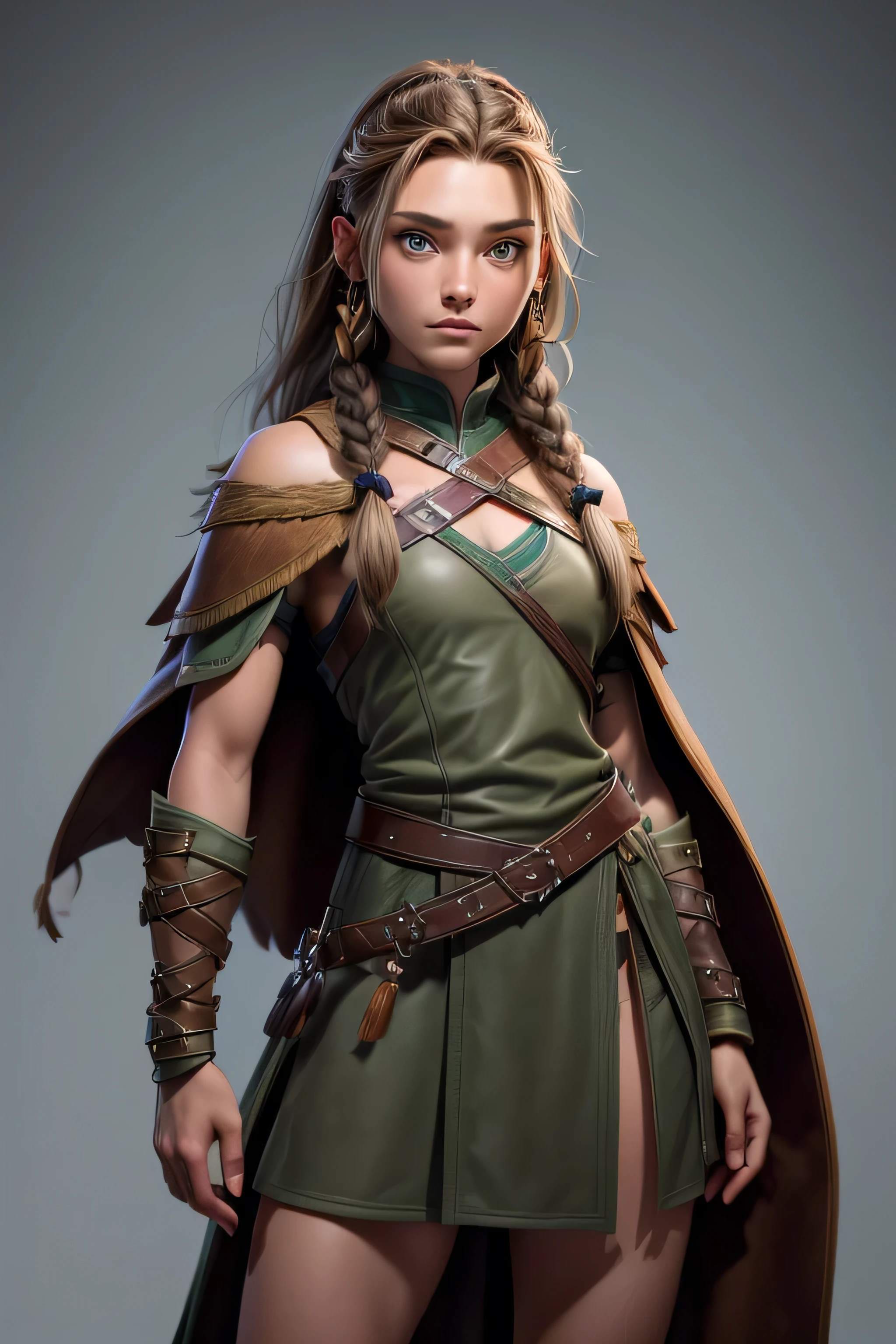 ( masterpiece ,  The best quality ) (young warrior woman of nordic descent), (green eyes), (muscle shirt), (fur skirt), (Brown hair color),(loose hair with small braids on the scalp), (leather strap top) feathers, cape over the shoulder, bufas, (blue, gray and brown suit).