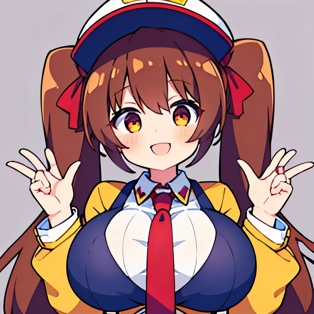 ((highest quality)) (be familiar with) huge breasts big breasts  HENTAI hentai erotic twintails narrow eyes erotic breasts 、brown hair 、red sunvisor 、yellow jacket、 white shirt 、blue necktie 、smile 、short twintails