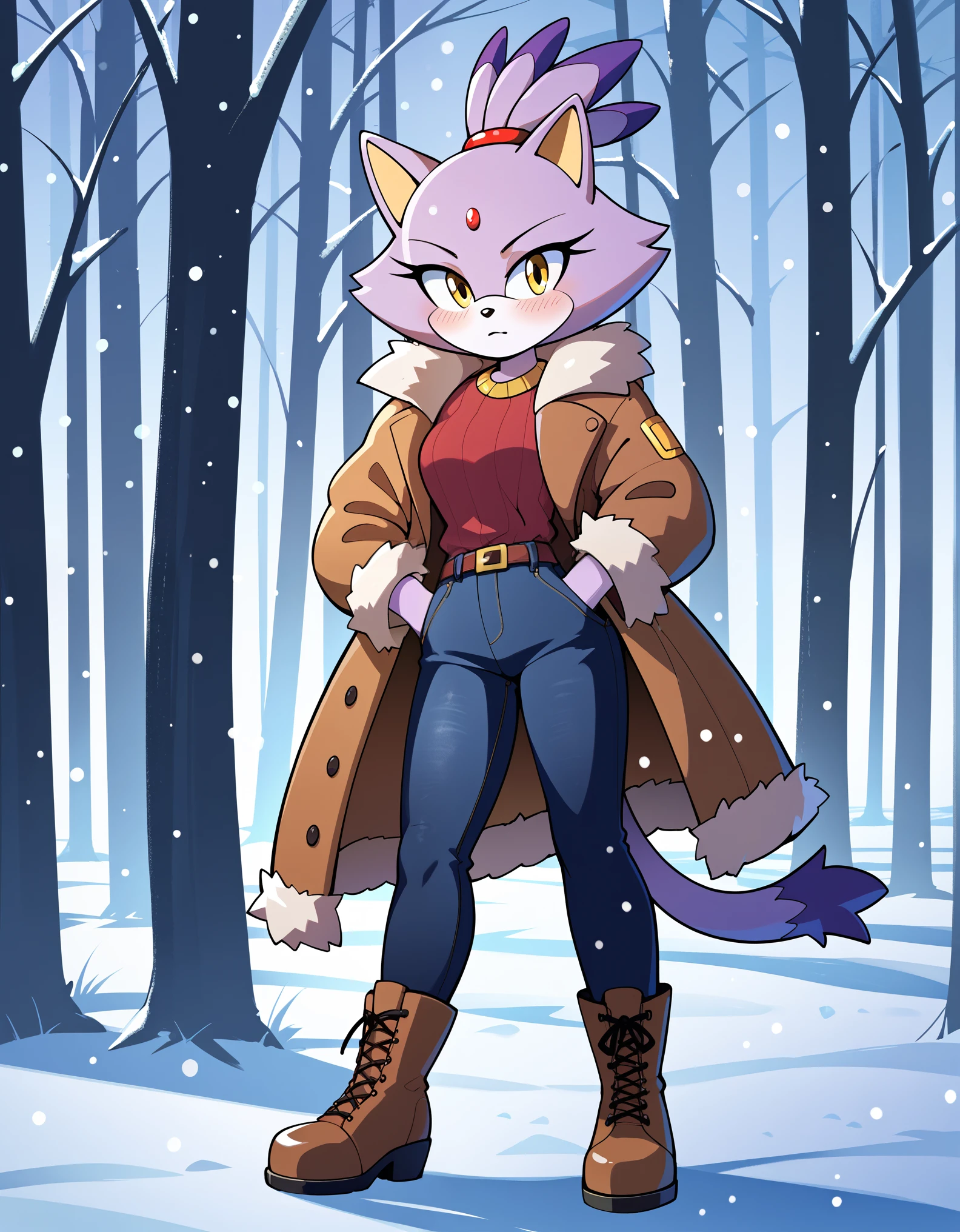 score_9, score_8_up, score_7_up, Akami Mira, ((Masterpiece)), high quality, studio quality, 1girl, Blaze the cat, yellow eyes, black jeans, boots, looking at viewer, hands in pockets, belt, :3, blush, fur-trimmed coat, forest, snowing, snowflakes, walking