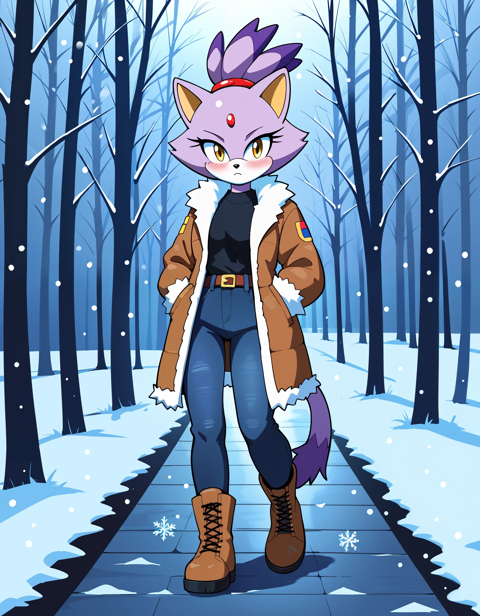 score_9, score_8_up, score_7_up, Akami Mira, ((Masterpiece)), high quality, studio quality, 1girl, Blaze the cat, yellow eyes, black jeans, boots, looking at viewer, hands in pockets, belt, :3, blush, fur-trimmed coat, forest, snowing, snowflakes, walking