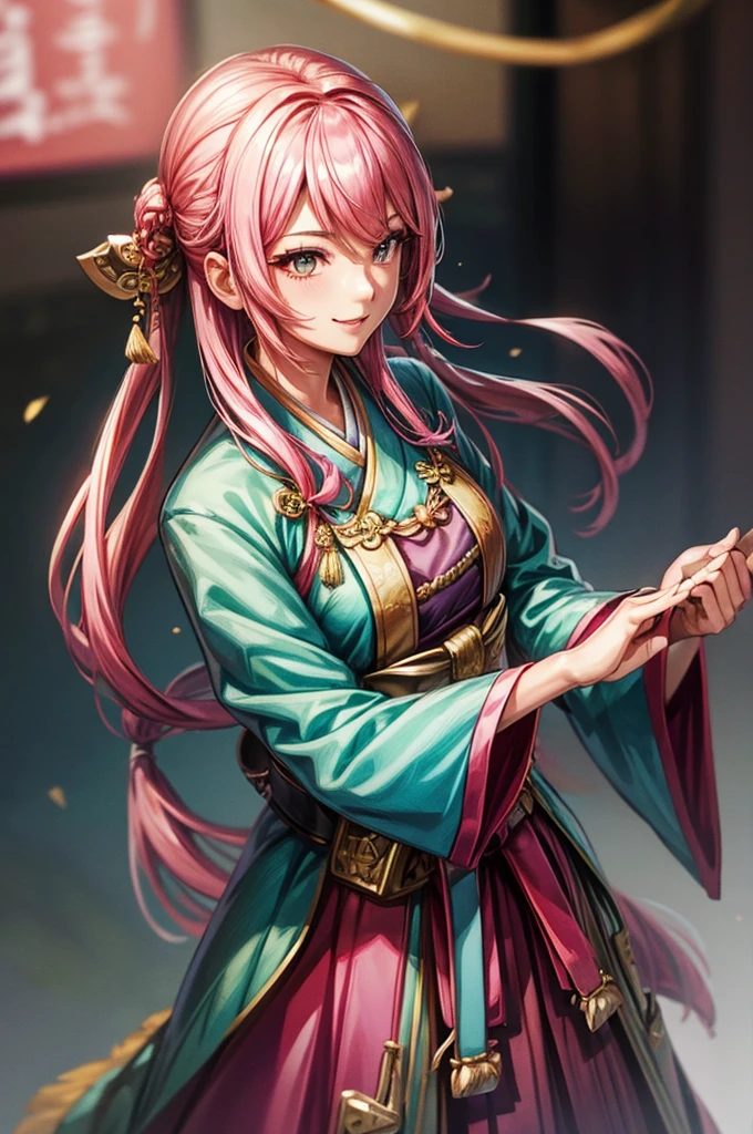 One Woman,  pink hair, もみあげ, Hanfu, smile,  Tight Waist, Xingcai, cinematic lighting, cowboy shot, close-up, UHD, retina, masterpiece, accurate, anatomically correct, textured skin, super detail, high details, high quality, award winning, best quality, highres