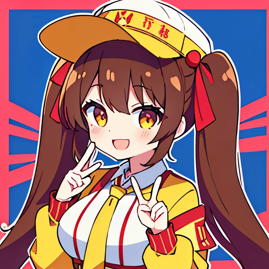 ((highest quality)) (be familiar with) HENTAI hentai erotic twintails narrow eyes erotic breasts 、brown hair 、red sunvisor 、yellow and red and yellow jacket、 white shirt 、blue necktie 、smile 、front design、PeaceSign、 Girl、big chest