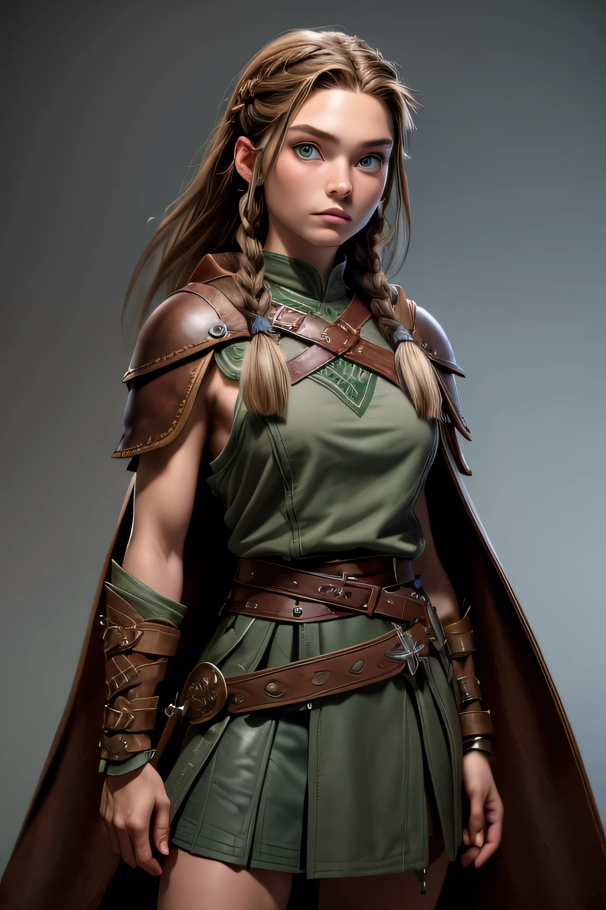 ( masterpiece ,  The best quality ) (young warrior woman of nordic descent), (green eyes), (muscle shirt), (fur skirt), (Brown hair color),(loose hair with small braids on the scalp), (leather strap top) feathers, cape over the shoulder, bufas, (blue, gray and brown suit).