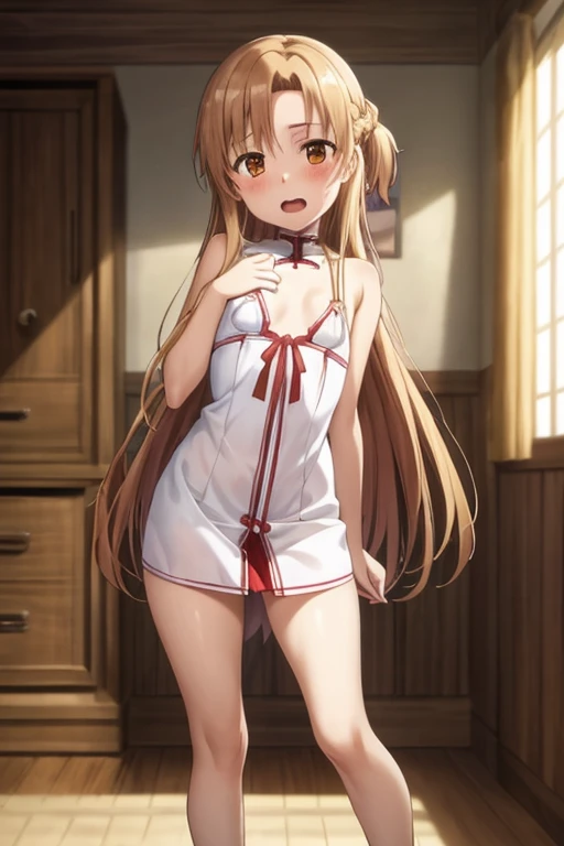 ((Best Quality)), ((masterpiece)), (be familiar with),  perfect face, indoor, bedroom,  is watching viewers,
One woman, Yuuki Asuna,
 open mouth , Ecstatic expression, blush, smile,
Small breasts,  flat chest, , , child, Girl,
Long Hair,  long hair,
Leg spread,