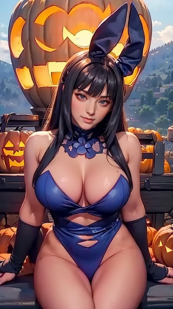 bunny,bunny,((( masterpiece ))),((The best quality))), ( Big breasts, Long, wide and heavy falling ),,( Happy girl sitting in a pumpkin wagon in the mountains）, skull makeup，Halloween Blue Night , super realistic, Pumpkin carriages bright orange , （big moon）， Pumpkins on the mountain , cloudy, detailed art, cinematic art , 24K Ultra HD resolution , blurred background, hyper-high detail
