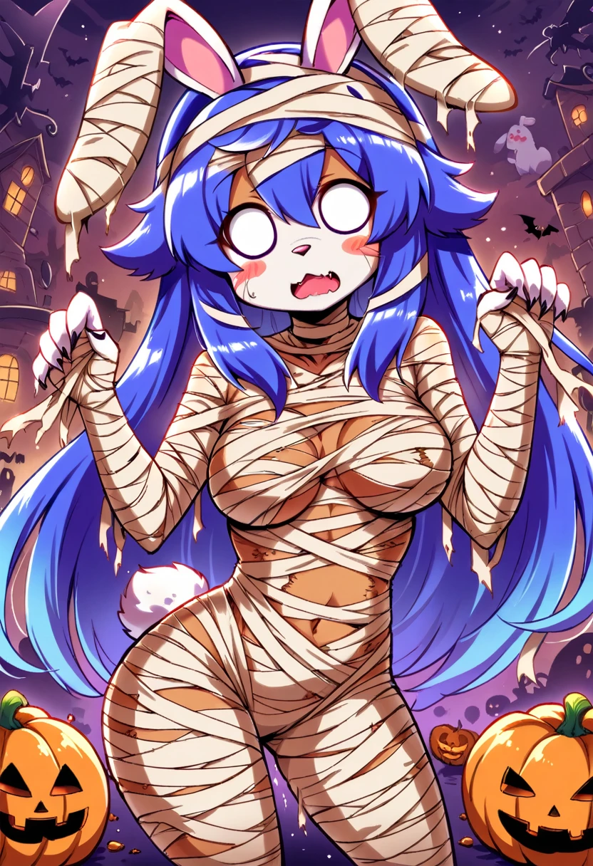 best quality, amazing quality, very aesthetic, absurdres, 1girl, (furry, kemono:1.3), rabbit, rabbit girl, rabbit ears, rabbit tail, mummy, solo, blue hair, blush stickers, long hair, open mouth, navel, costumeplayer, mummy costume, monster girl, o_o, very long hair, looking at viewer, cowboy shot, wavy mouth, halloween, breasts, halloween costume, bandaged head