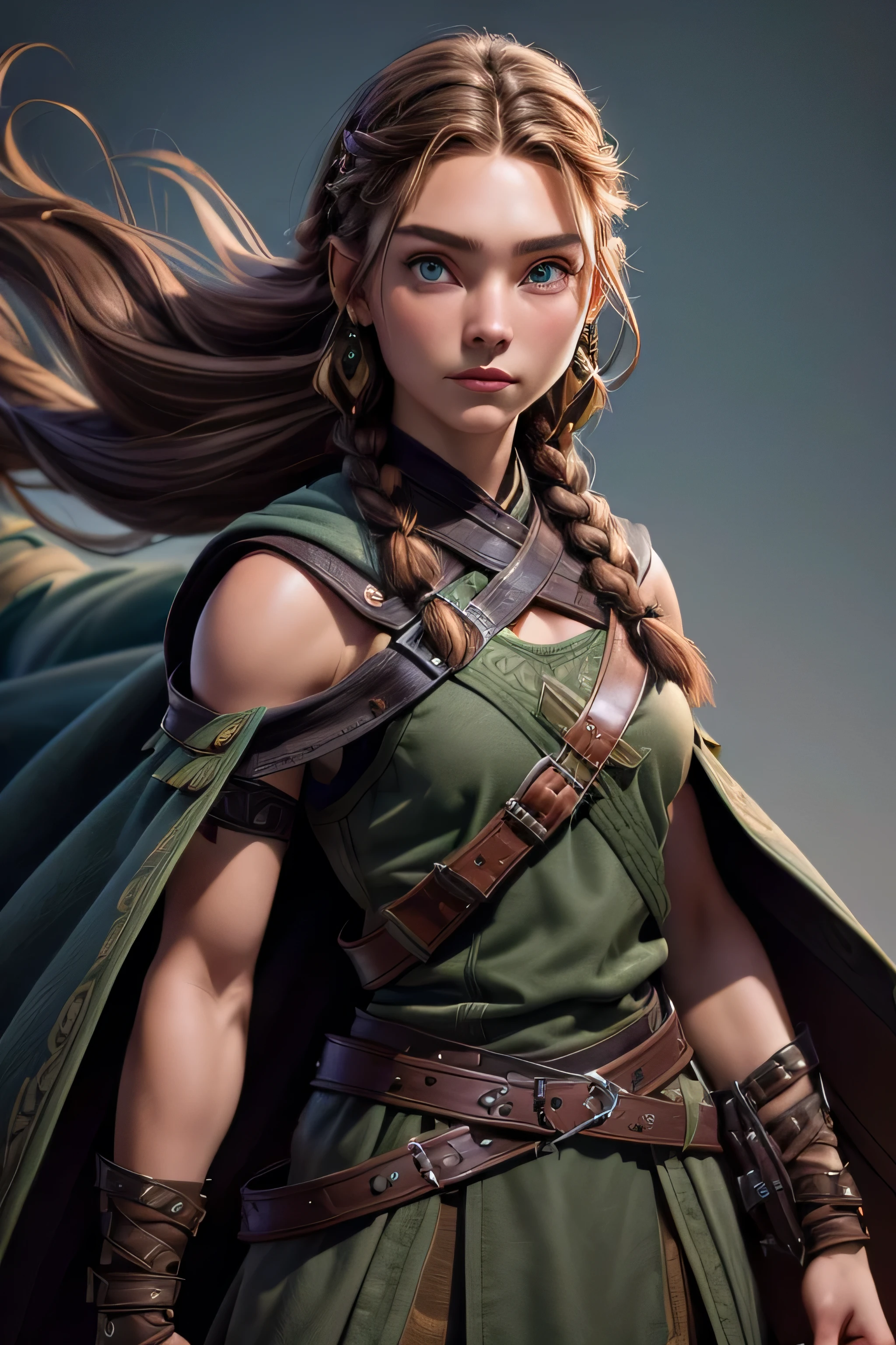 ( masterpiece , The best quality ) (young warrior woman of nordic descent), (green eyes), (muscle shirt), (fur skirt), (Brown hair color),(loose hair with small braids on the scalp), (leather strap top) feathers, cape over the shoulder, bufas, (blue, gray and brown suit).