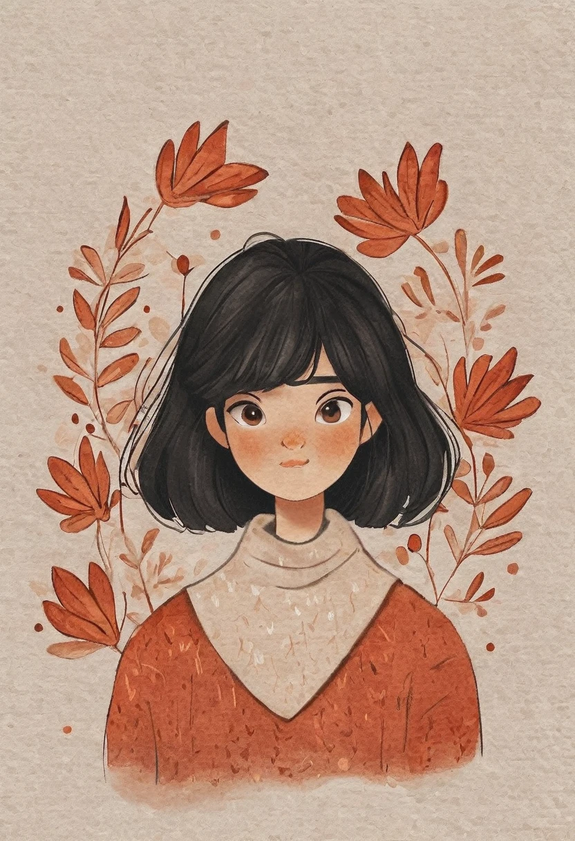 nelli_artstyle, 1girl, solo, leaf, long hair, black hair, flower, upper body, looking at viewer, bangs, blush, sweater, long sleeves, black eyes, red flower, plant, no nose, floating hair, shirt, orange flower, pink sweater, com chapeu pontudo e detalhes brilhantes magia 