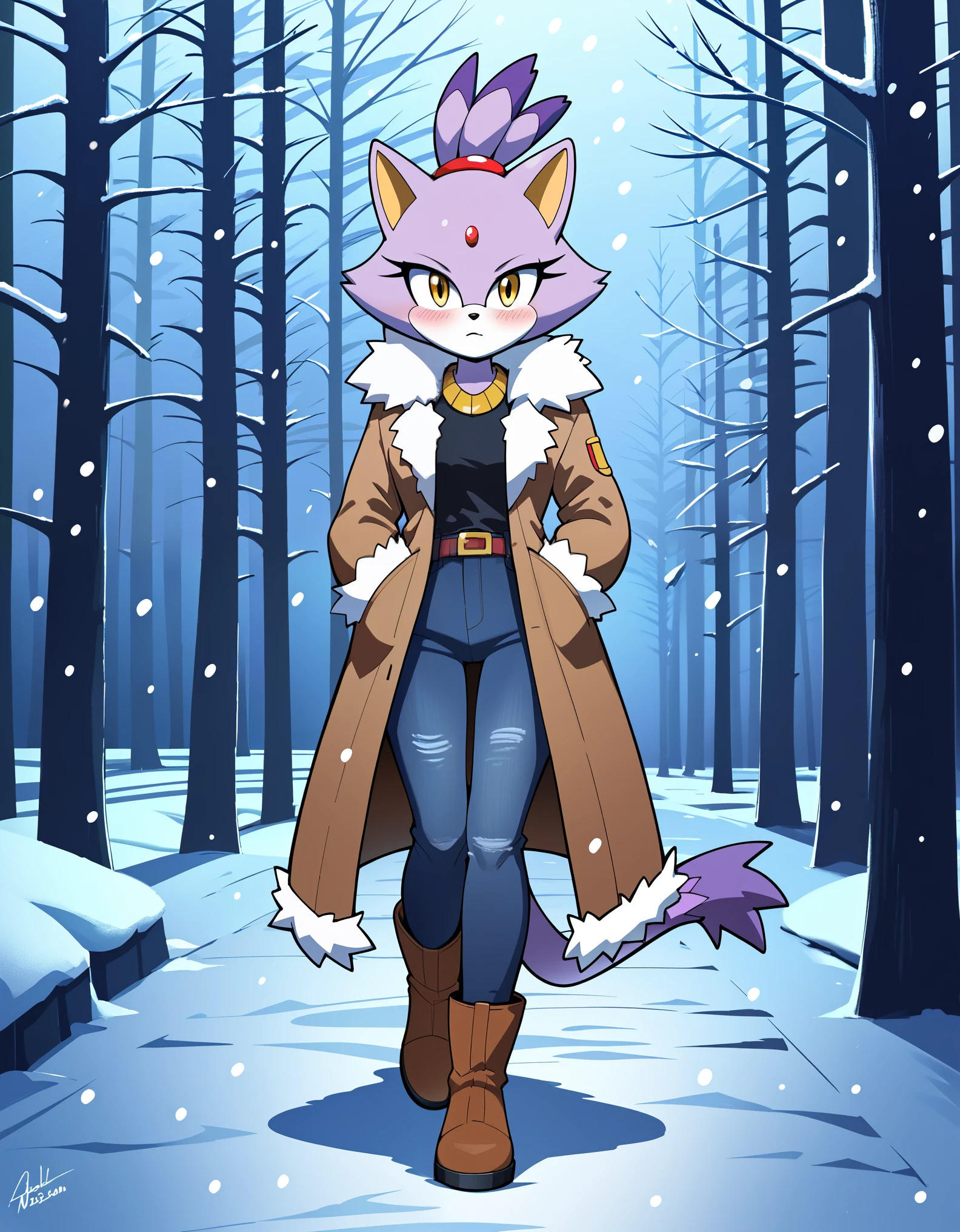 score_9, score_8_up, score_7_up, Akami Mira, ((Masterpiece)), high quality, studio quality, 1girl, Blaze the cat, yellow eyes, black jeans, boots, looking at viewer, hands in pockets, belt, :3, blush, fur-trimmed coat, forest, snowing, snowflakes, walking