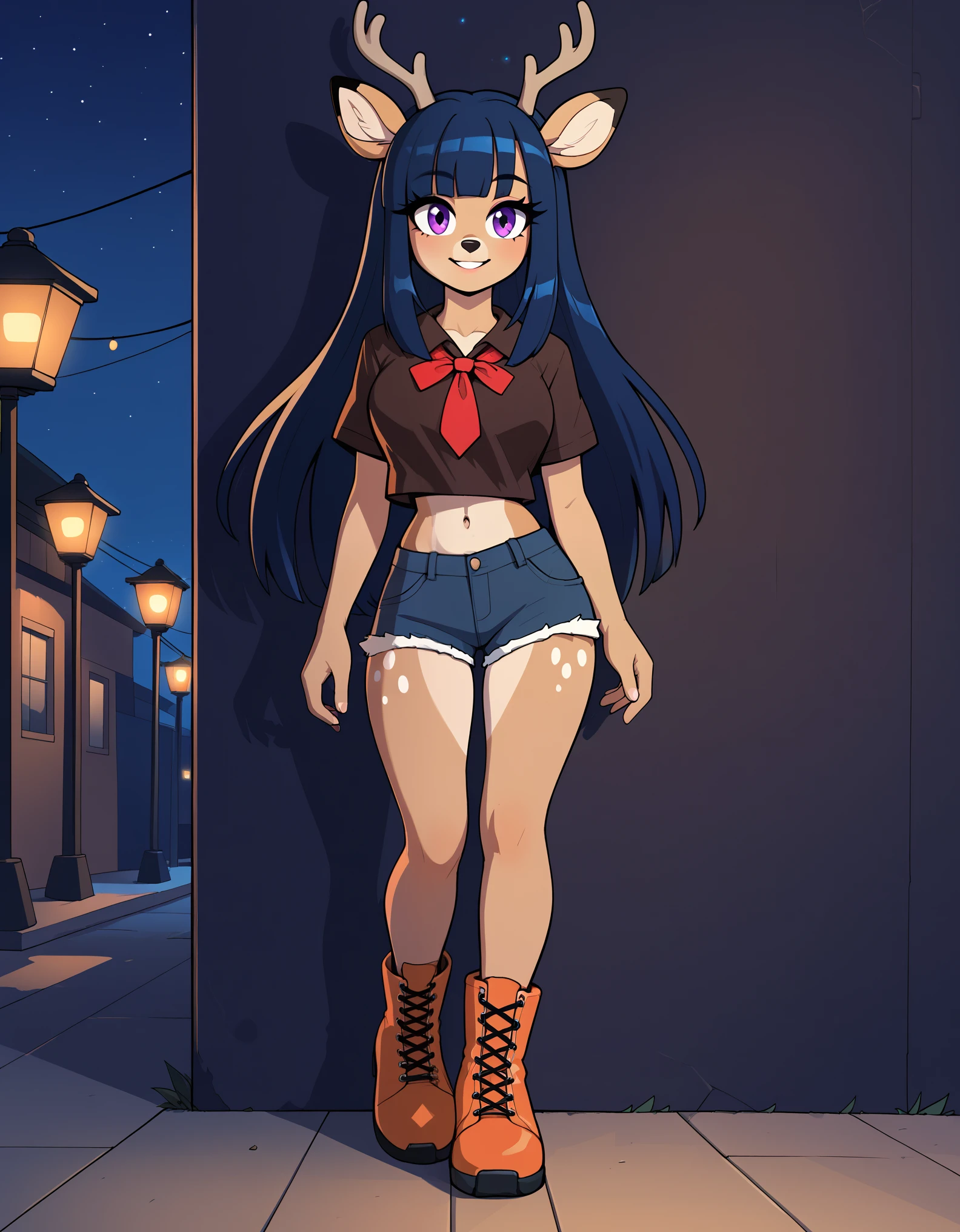 score_9, score_8_up, score_7_up, (1girl), (solo), Female Sika deer, Deer ears, dark blue fur, dark blue hair, long hair, hair down, fringe_trim styled hair bangs, Purple eyes, big bust, Dark brown shirt, Red tie, Expose the navel, Dark brown close-fitting shorts, eyelashes, Orange boots, outdoors, night ,full body, standing, smile, looking viewer 