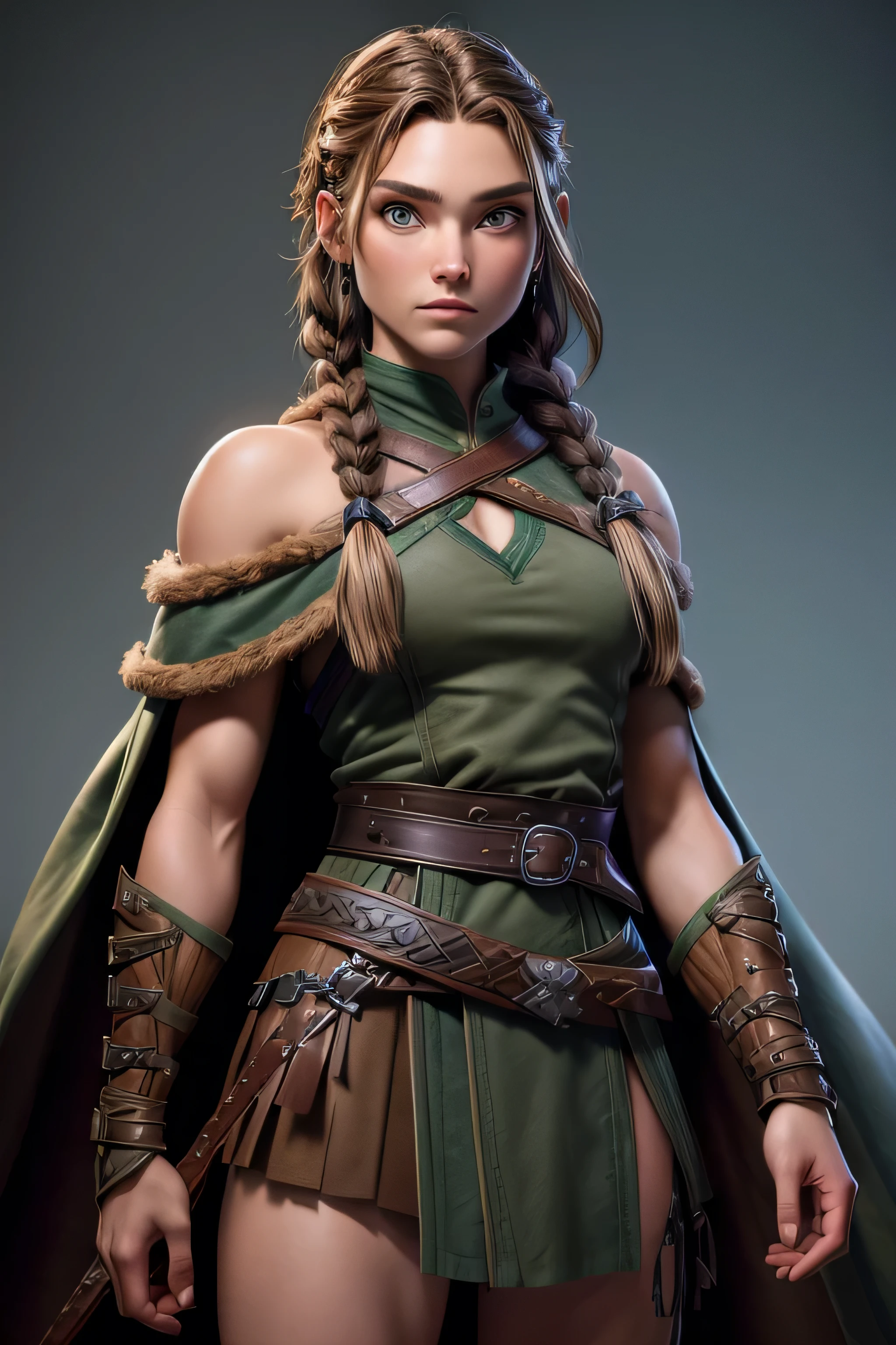 ( masterpiece , The best quality ) (young warrior woman of nordic descent), (green eyes), (muscle shirt), (fur skirt), (Brown hair color),(loose hair with small braids on the scalp), (leather strap top) feathers, cape over the shoulder, bufas, (blue, gray and brown suit).